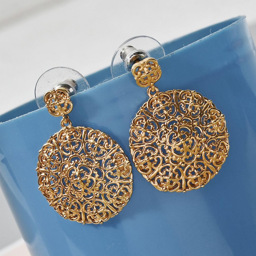**14K Gold Plated Filigree Drop Hoop Earrings for Women - Elegant Openwork Disc Circle Boho Jewelry - Perfect for Summer, Beach, Parties & Birthday Gifts**    *(Note: Removed duplicate 