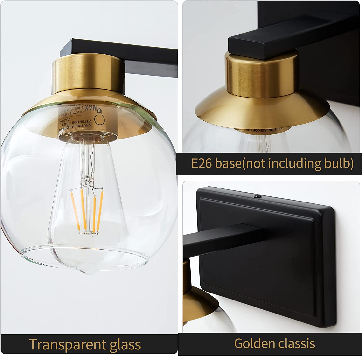 PAZALA 2 Pack Black Gold Wall Sconces - Modern Bedroom Lighting for Bathroom & Living Room