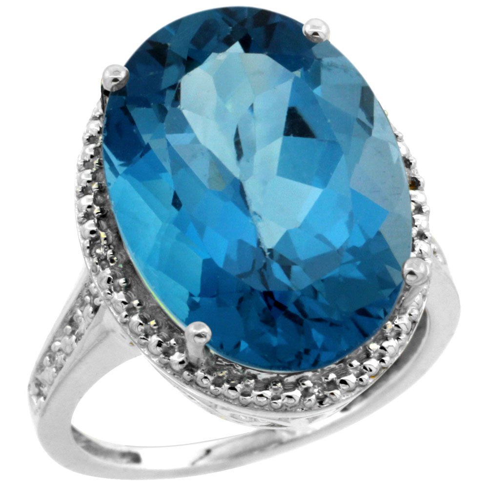 14K White Gold Oval London Blue Topaz Diamond Ring 18x13mm - Sizes 5-10 | Elegant Engagement, Anniversary & Gift Jewelry for Women