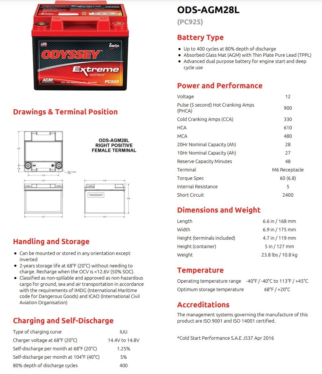 Odyssey ODS-AGM28L PC925 12V 28Ah AGM Battery with Positive Right Terminal - Perfect for Marine, RV, Solar, and Off-Grid Power Systems