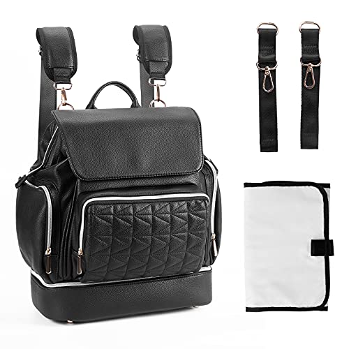 Premium Leather Diaper Backpack for Women - Large Capacity Baby Travel Bag with Laptop Compartment, Changing Pad & Stroller Straps | Perfect for Moms On-The-Go, Air Travel, and Daily Parenting Essentials