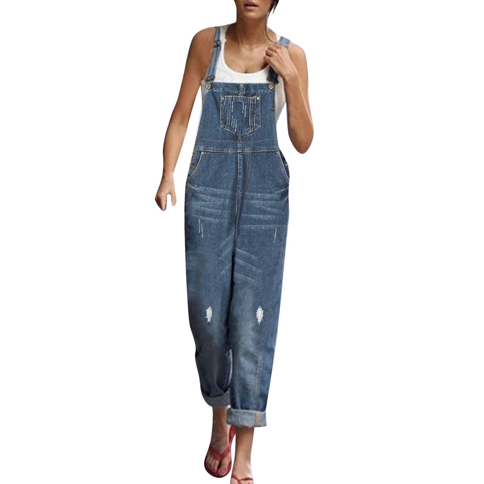 2024 Women's Denim Overalls - Loose Fit Wide Leg Bib Stretch Baggy Jeans Jumpsuit | Comfortable Dark Wash Jean Jacket for Women (Blue, Size M) | Perfect for Casual Outings, Workwear & Street Style Fashion