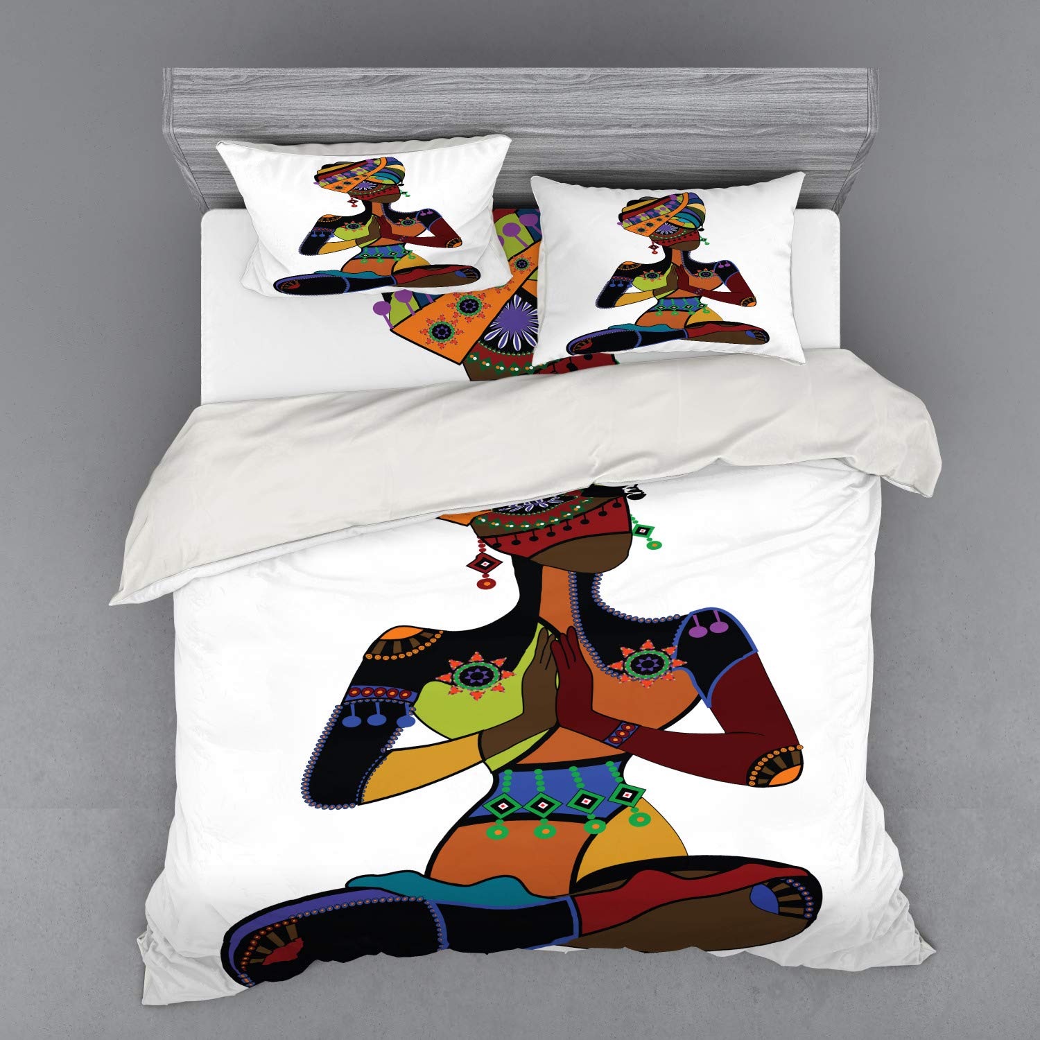 Ambesonne 4-Piece King Size Yoga Duvet Cover Set with Shams & Fitted Sheet - Bohemian Woman Costume Design in Multicolor | Perfect for Meditation Rooms, Yoga Retreats & Boho Chic Bedrooms
