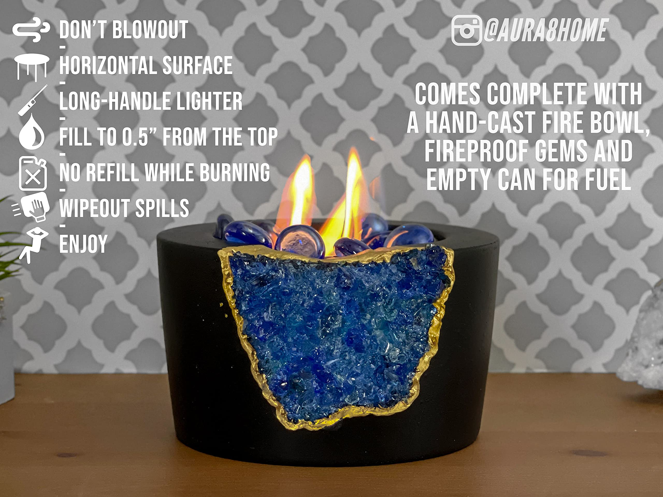 Portable Tabletop Fireplace - Indoor/Outdoor Bio Ethanol Fire Pit Bowl, Mini Concrete Chiminea for Meditation & Decor, Navy Blue & Black - Perfect for Patio, Living Room, and Backyard Ambiance