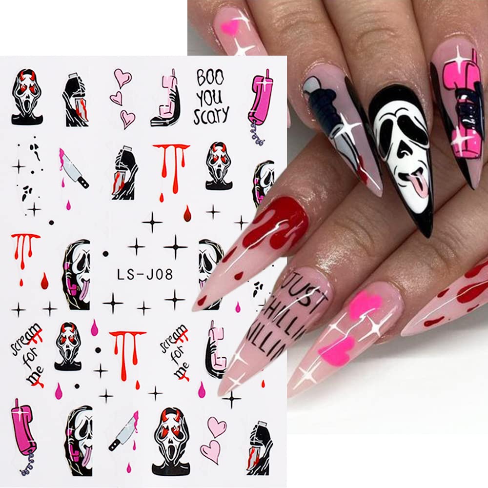 3D Halloween Nail Stickers - Self-Adhesive Pink Ghost, Skull, Pumpkin & Spider Web Designs - DIY Nail Art Decals for Women & Kids - 6 Sheets - Perfect for Halloween Parties, Costume Nails & Spooky Nail Art