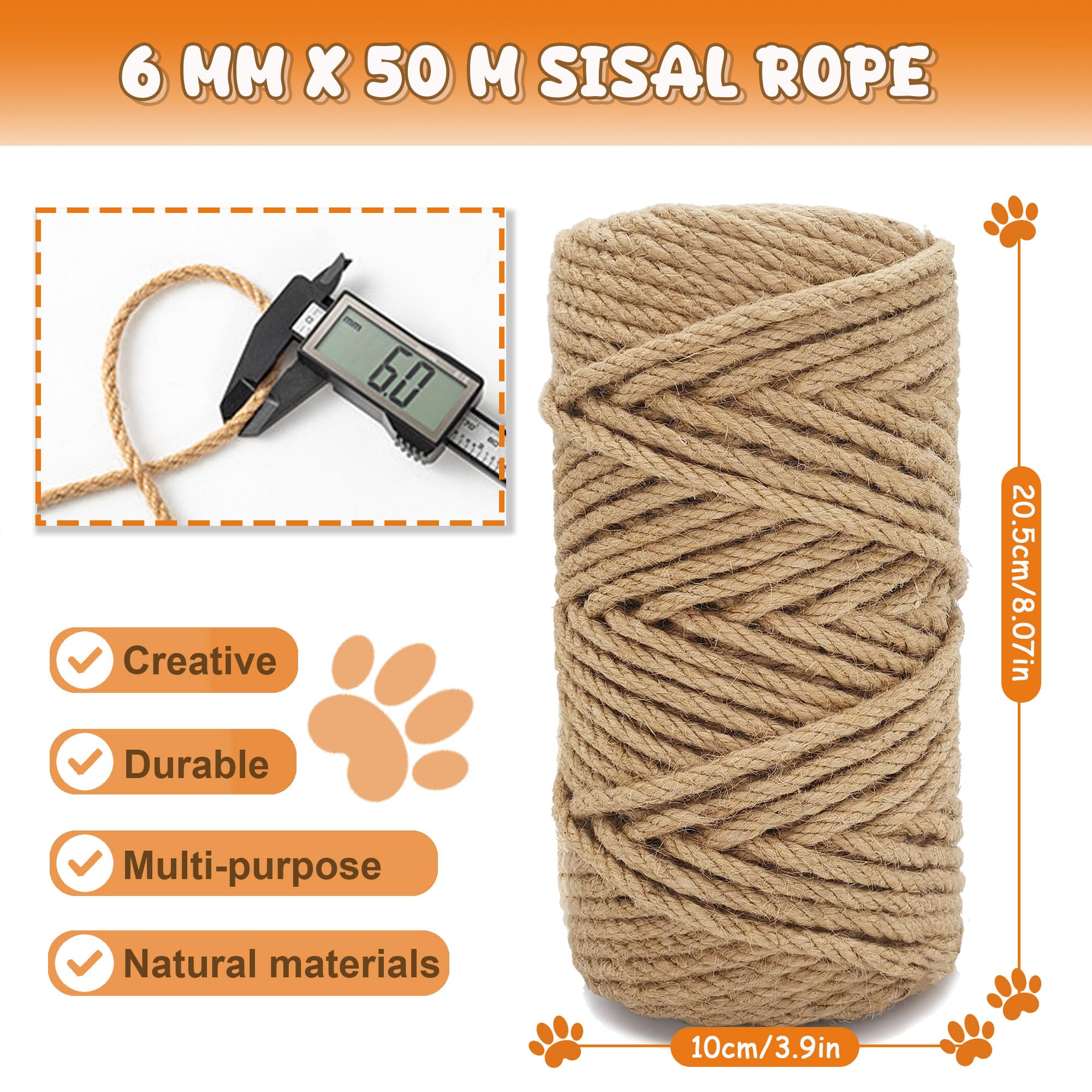 Natural 6mm Thick 164FT/50M Sisal Rope for Cat Scratcher & Scratch Post Repair - Durable Jute Rope for DIY Cat Tree Tower, Scratching Post & Cat Furniture - Perfect for Indoor Cat Play & Scratching Needs