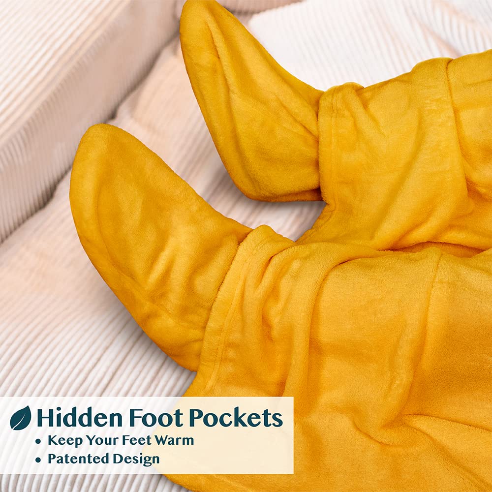 PAVILIA Fleece Blanket with Sleeves & Foot Pockets - Wearable Blanket for Women & Men, Soft Plush Throw Wrap, Warm Snuggle Robe Blanket - Perfect Cozy Gift for Wife, Mom, Adults (Mustard Yellow) - Great for Reading, Watching TV & Relaxing at Home