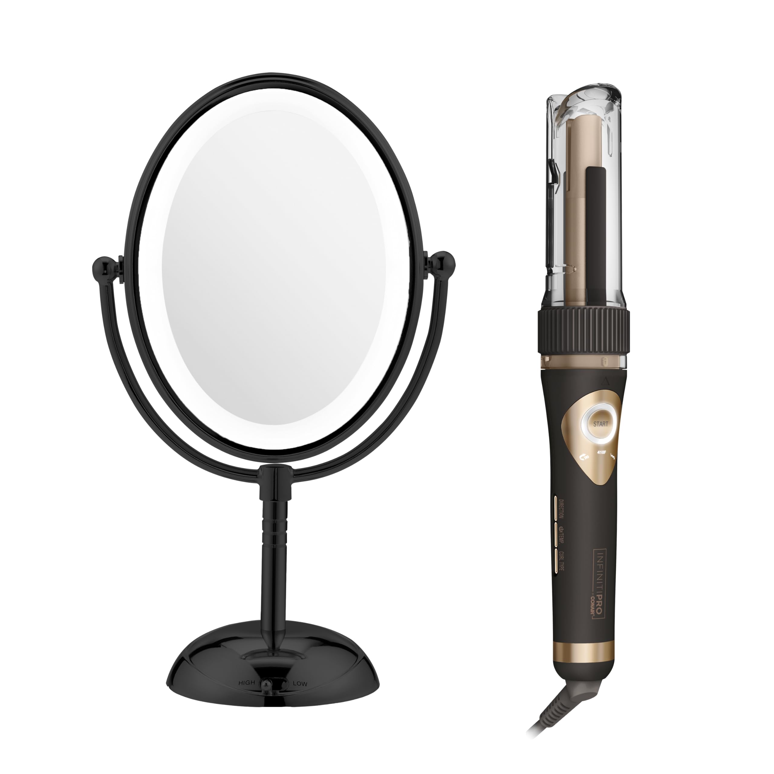 Conair Limited Edition Bundle: INFINITIPRO by CONAIR 3/4-inch Automatic Curling Iron & Lighted Makeup Mirror - Black | Amazon Exclusive | Perfect for Home Salon & Travel Styling