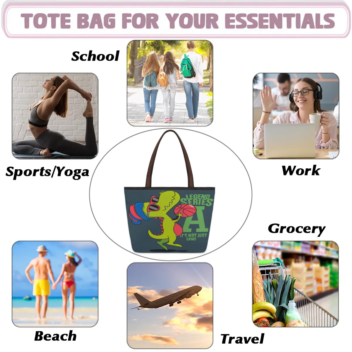 Dinosaur Basketball Tote Bag for Women - Work, Shopping & Travel