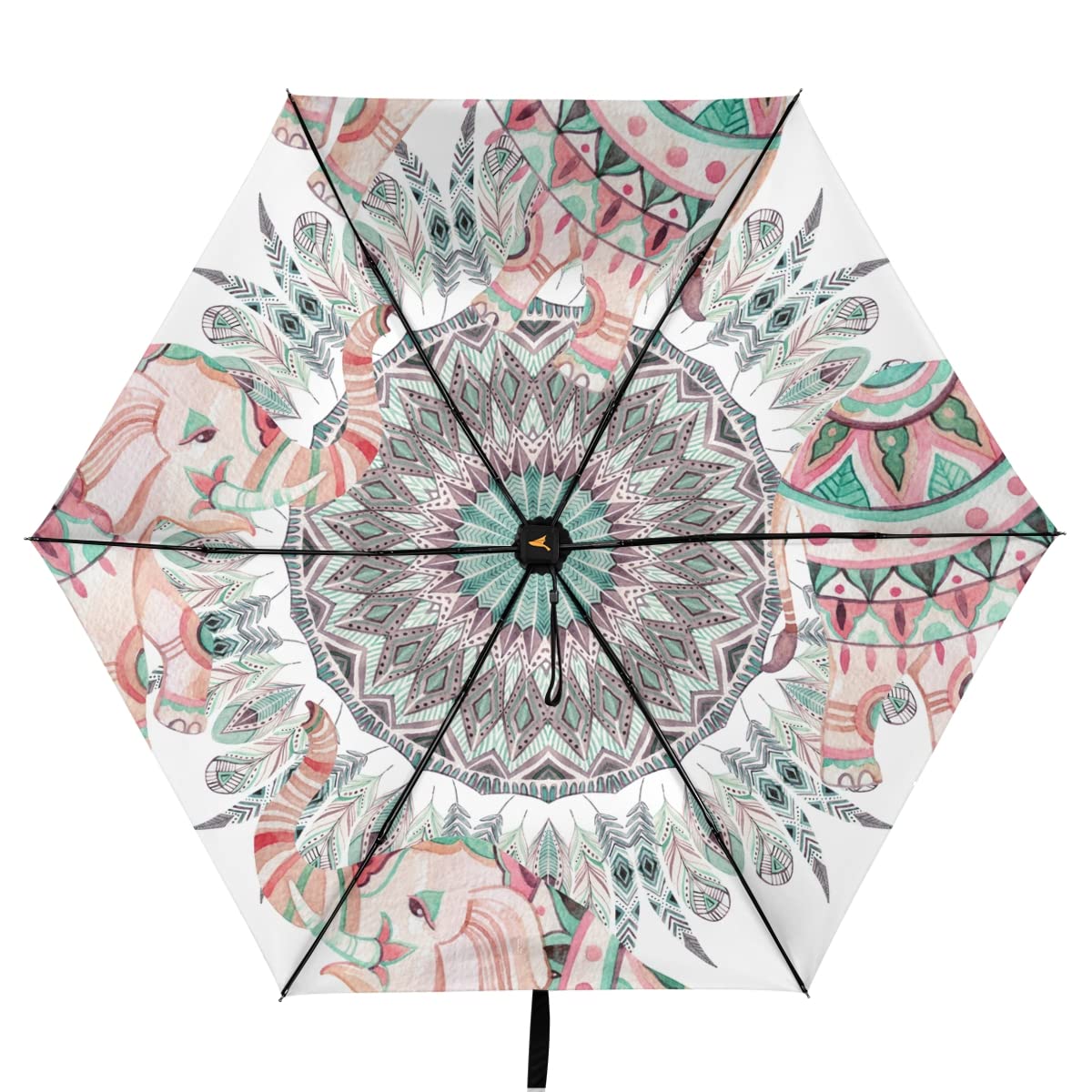 Windproof Travel Umbrella with Elephant & Mandala Design - Compact Folding Portable Waterproof Parasol for Outdoor, Beach, and Daily Commute