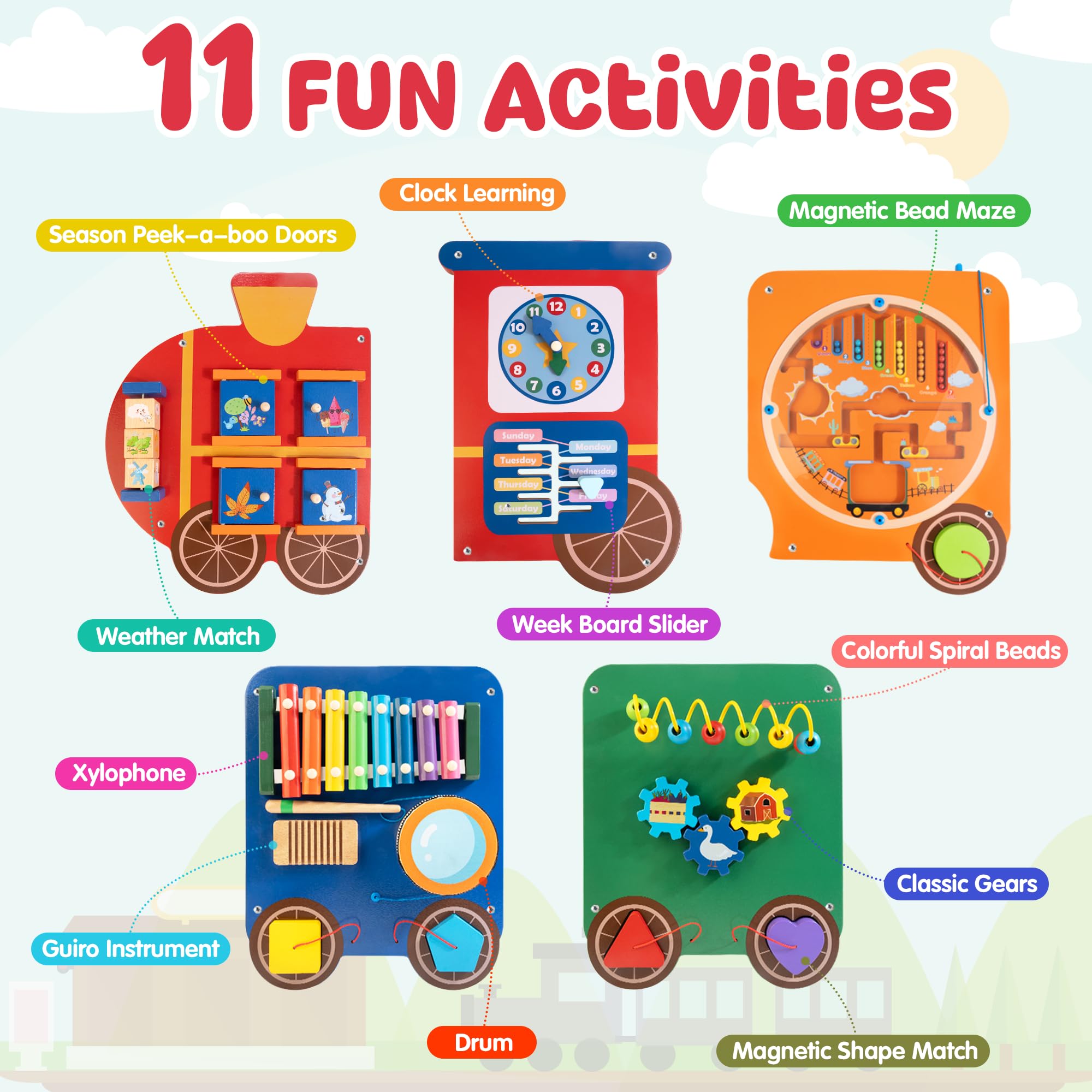 11-in-1 Wooden Sensory Busy Board for Toddlers - Montessori Learning Activity Wall Panel with Train Theme - Educational Toy for Playroom, Nursery, Classroom & Dentist Waiting Room | Perfect for Kids' Sensory Development & Fine Motor Skills Practice