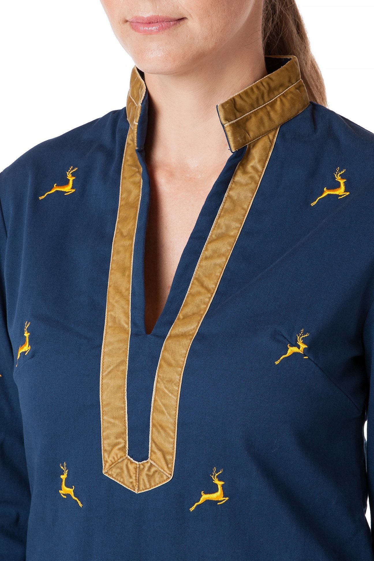 Stretch Twill Tunic Top in Nantucket Navy with Leaping Reindeer Print - Women's Casual Blouse for Work, Holiday Parties & Everyday Wear