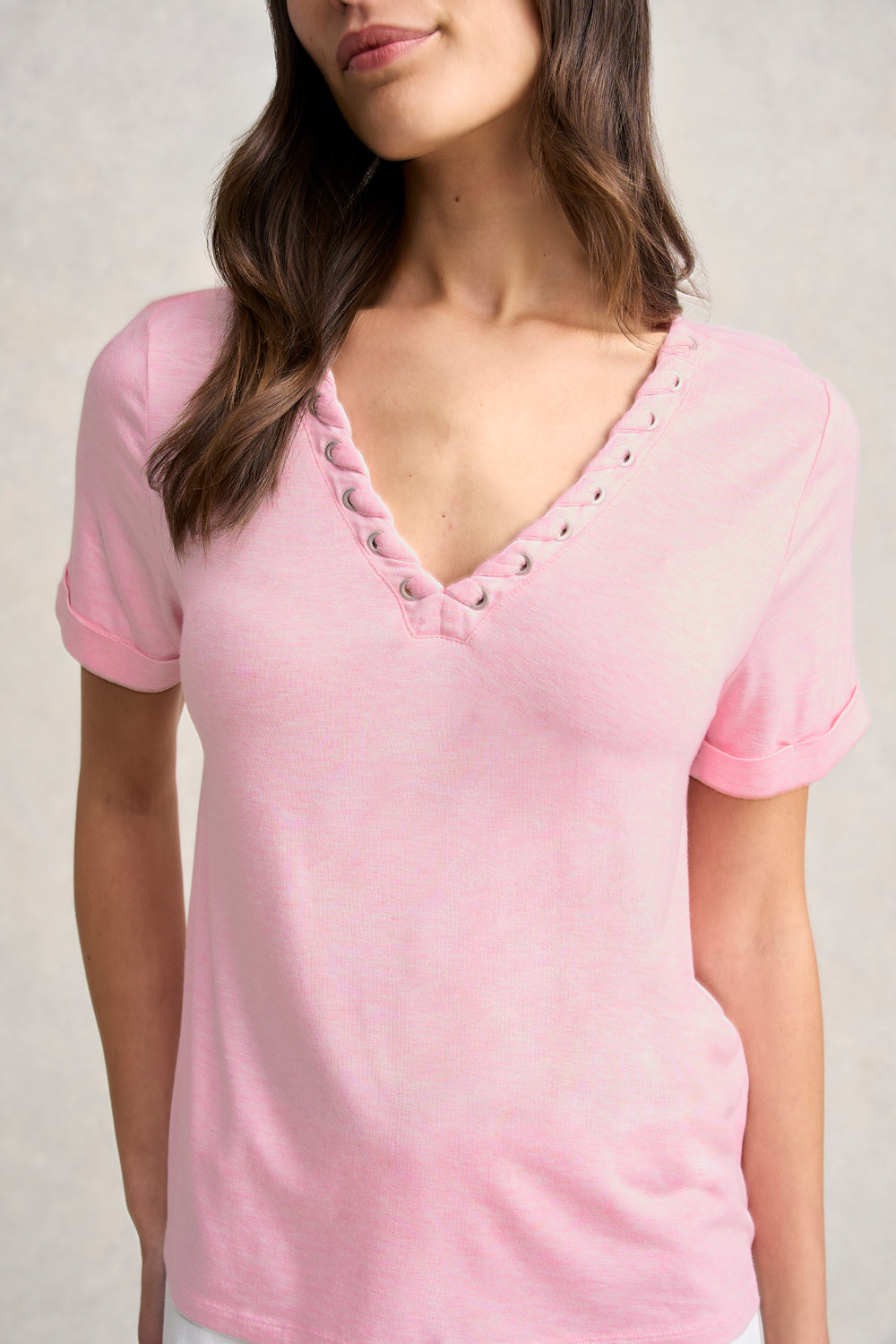 Eyelet Detail T-Shirt for Women - Soft Pink Marle Cotton Tee - Casual Summer Top for Outfits & Layering