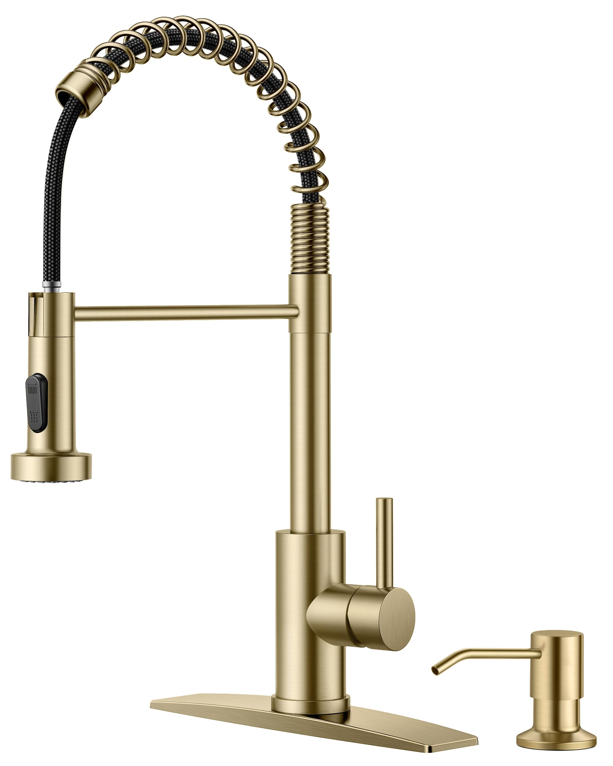 FORIOUS Gold Stainless Steel Kitchen Faucet with Pull Down Sprayer & Built-in Soap Dispenser - Single Handle High Arc Sink Faucet for Farmhouse, RV, Laundry Room & Camper - Perfect for Modern Kitchens and Small Spaces