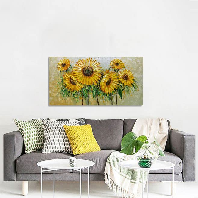 AZAVY ART 24x48 Inch Hand Painted Sunflower Oil Painting - Textured Abstract Floral Canvas Wall Art, Stretched & Framed Ready to Hang - Perfect for Living Room, Bedroom, or Office Decor