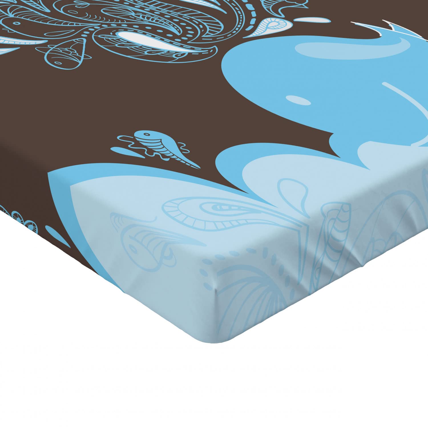 Ambesonne Full Size Fitted Sheet - Whale & Ocean Bubbles Cartoon Batik Tribal Design, Deep Pocket Elastic Bed Cover in Blue & Brown | Perfect for Kids' Rooms, Beach Themed Bedrooms & Marine Life Decor