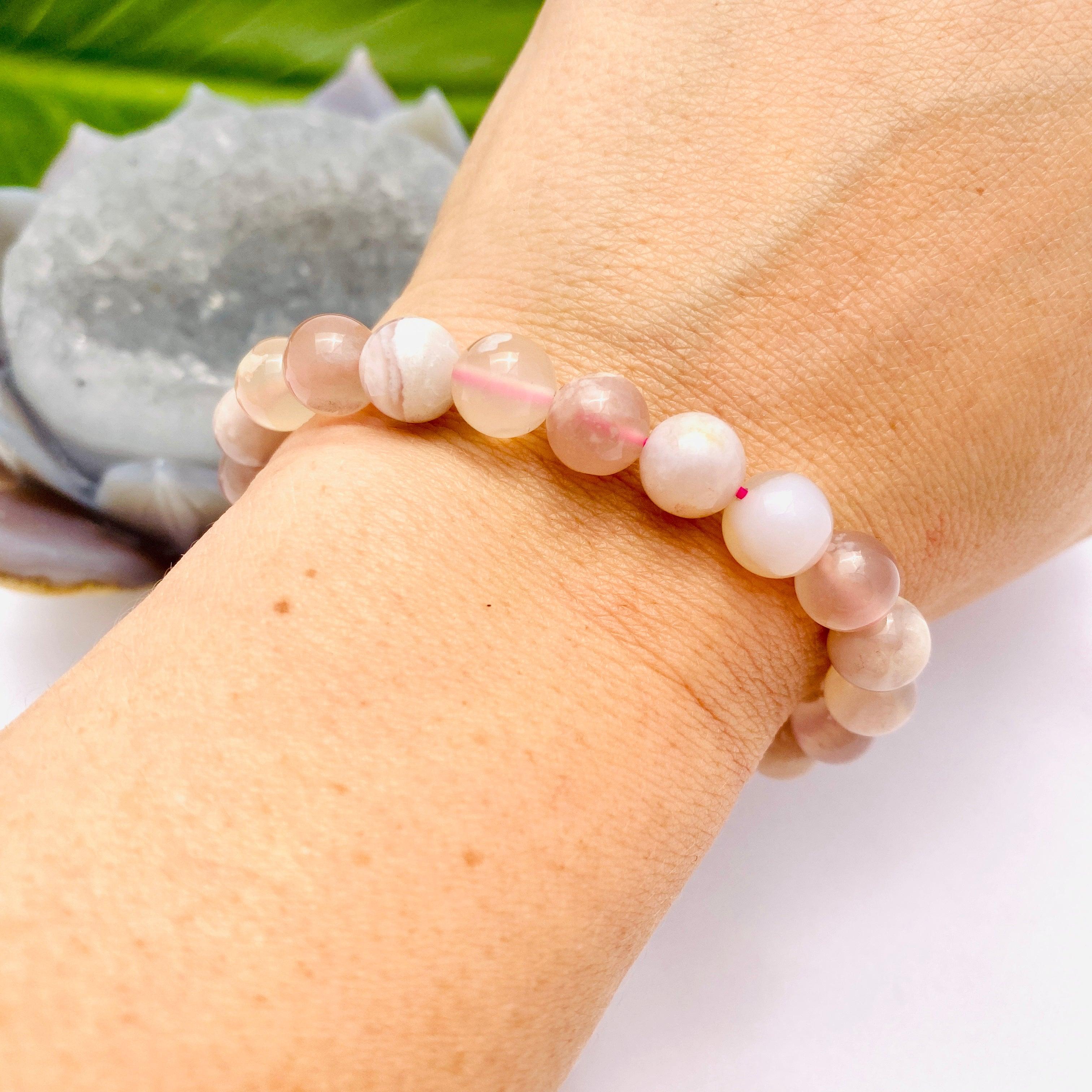 Pink Flower Agate Bracelet for Women - Natural Stone Beaded Handmade Jewelry - Boho Chic Accessory for Yoga, Meditation & Everyday Wear