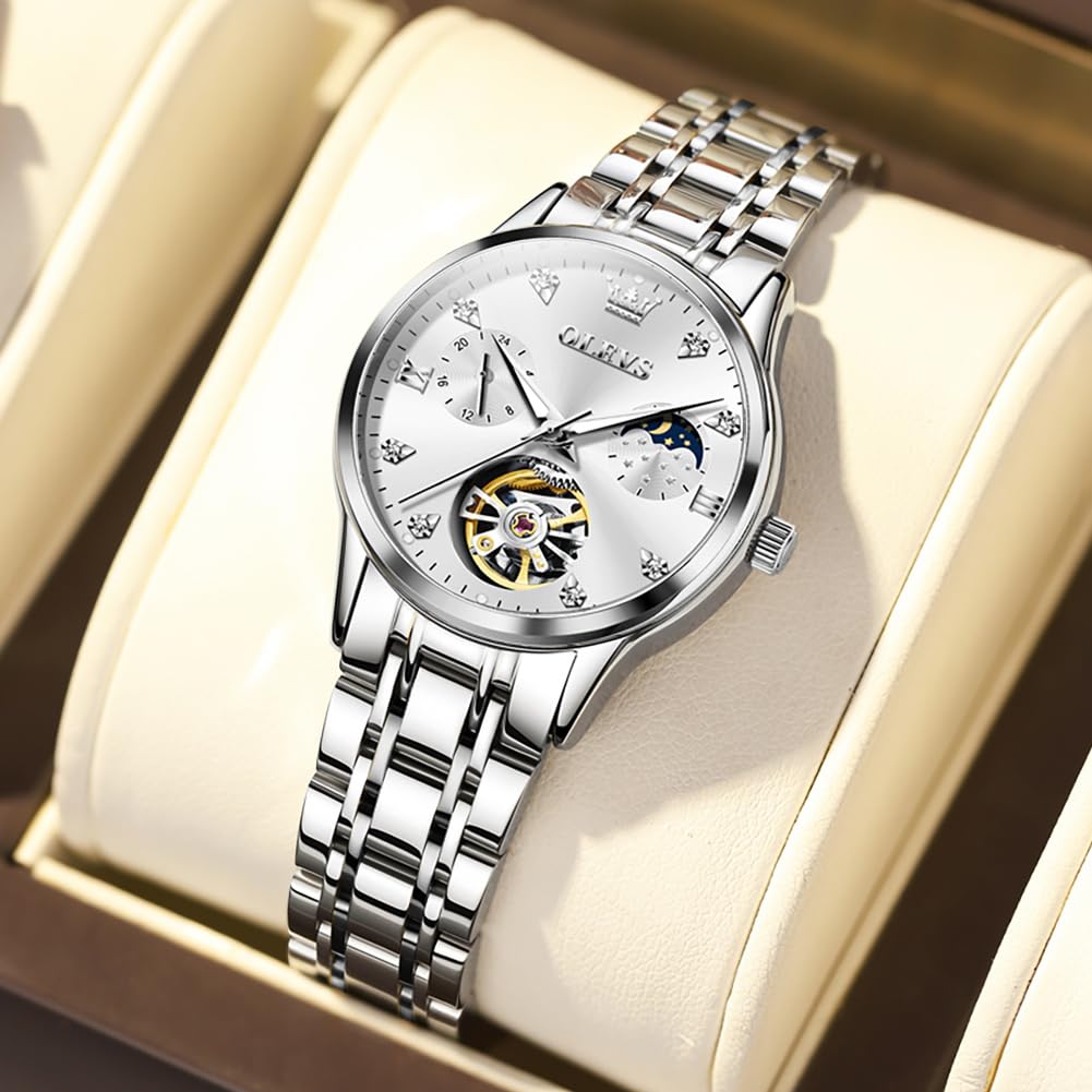 OLEVS Automatic Winding Hollow Skeleton Moon Phase Women's Watch - Stainless Steel Waterproof Ladies Watch with Two-Tone Band | Perfect for Business, Party & Everyday Wear