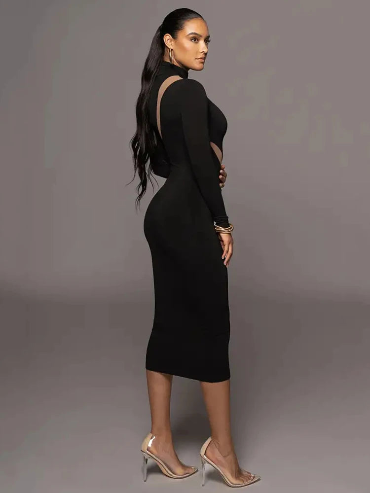 Women's Autumn Winter Long Sleeve Mesh Patchwork Bodycon Midi Dress - Elegant Party Evening Dress for Women | Perfect for Holiday Gatherings, Cocktail Parties & Date Nights