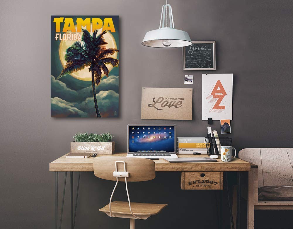 Lantern Press Tampa Florida Palms and Moon Wall Art - 16x24 Wrapped Canvas Print - Tropical Beach Decor for Living Room, Bedroom & Office