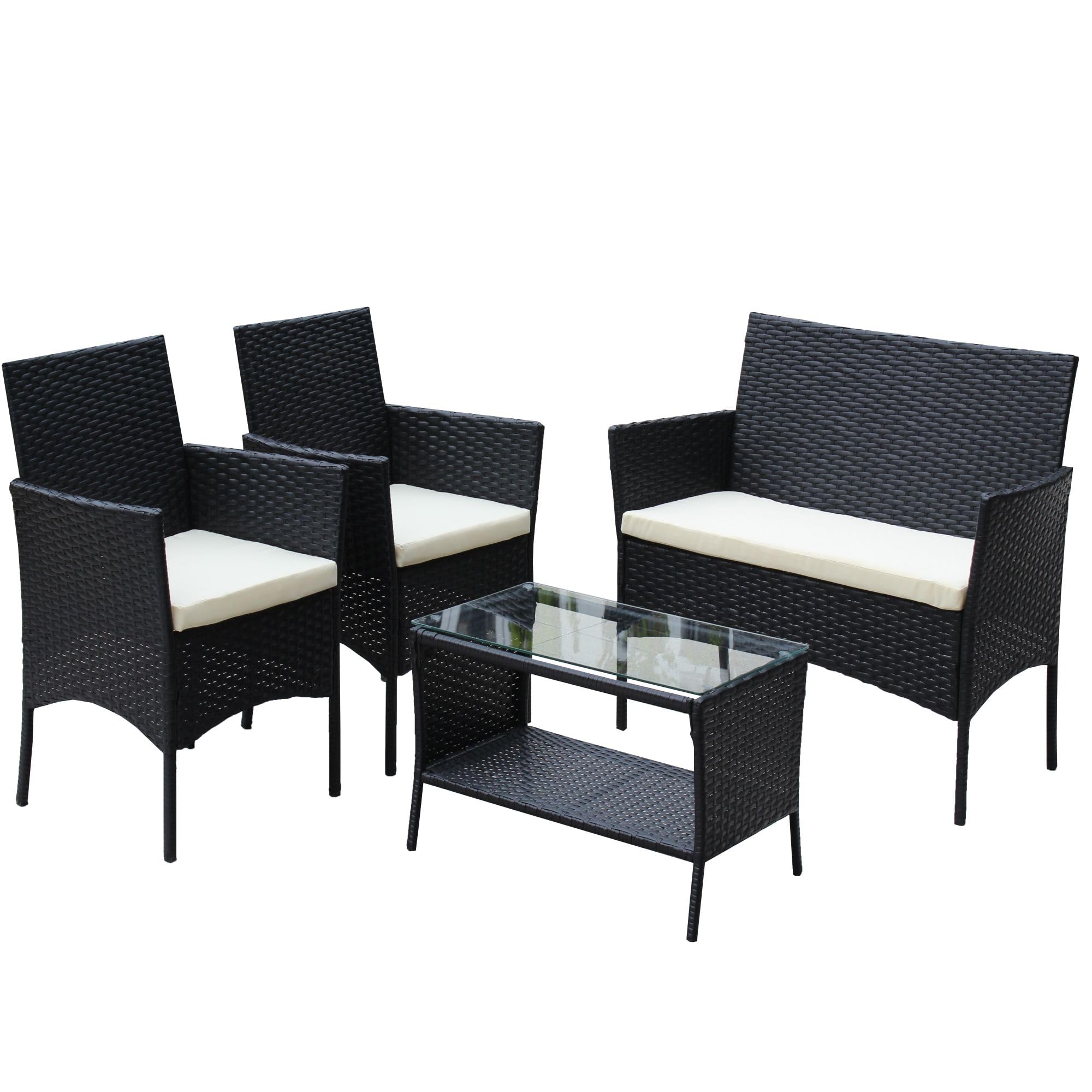 Rhomtree 4-Piece Outdoor Rattan Furniture Set - Patio Wicker Sofa Conversation Set with Coffee Table - Water-Resistant Beige Cushions - Perfect for Backyard, Porch, Garden, Poolside & Balcony - Indoor/Outdoor Use for Relaxation & Entertaining