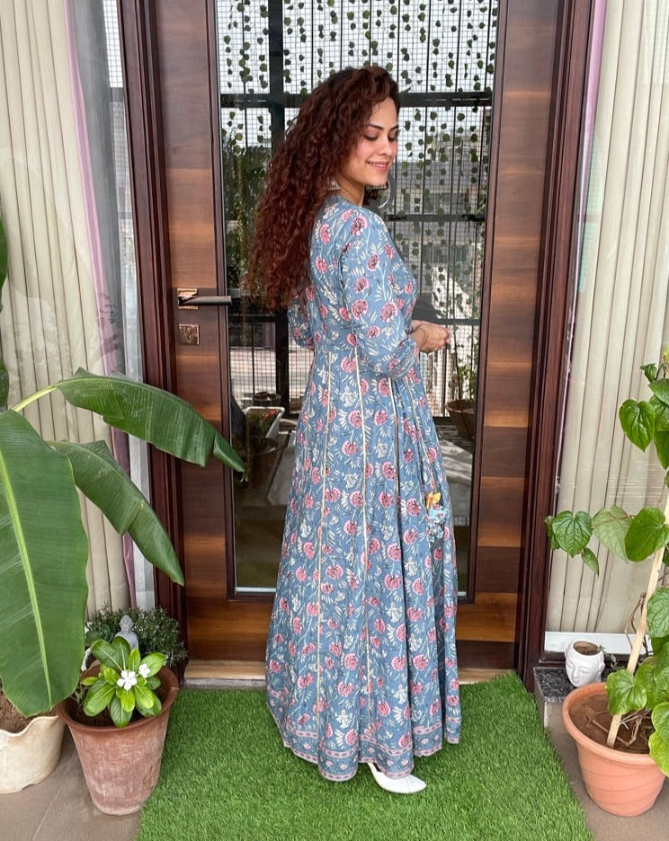Blue Block Print Maxi Dress for Women - Bohemian Floral Long Dress - Perfect for Beach Vacations, Summer Parties & Casual Outings