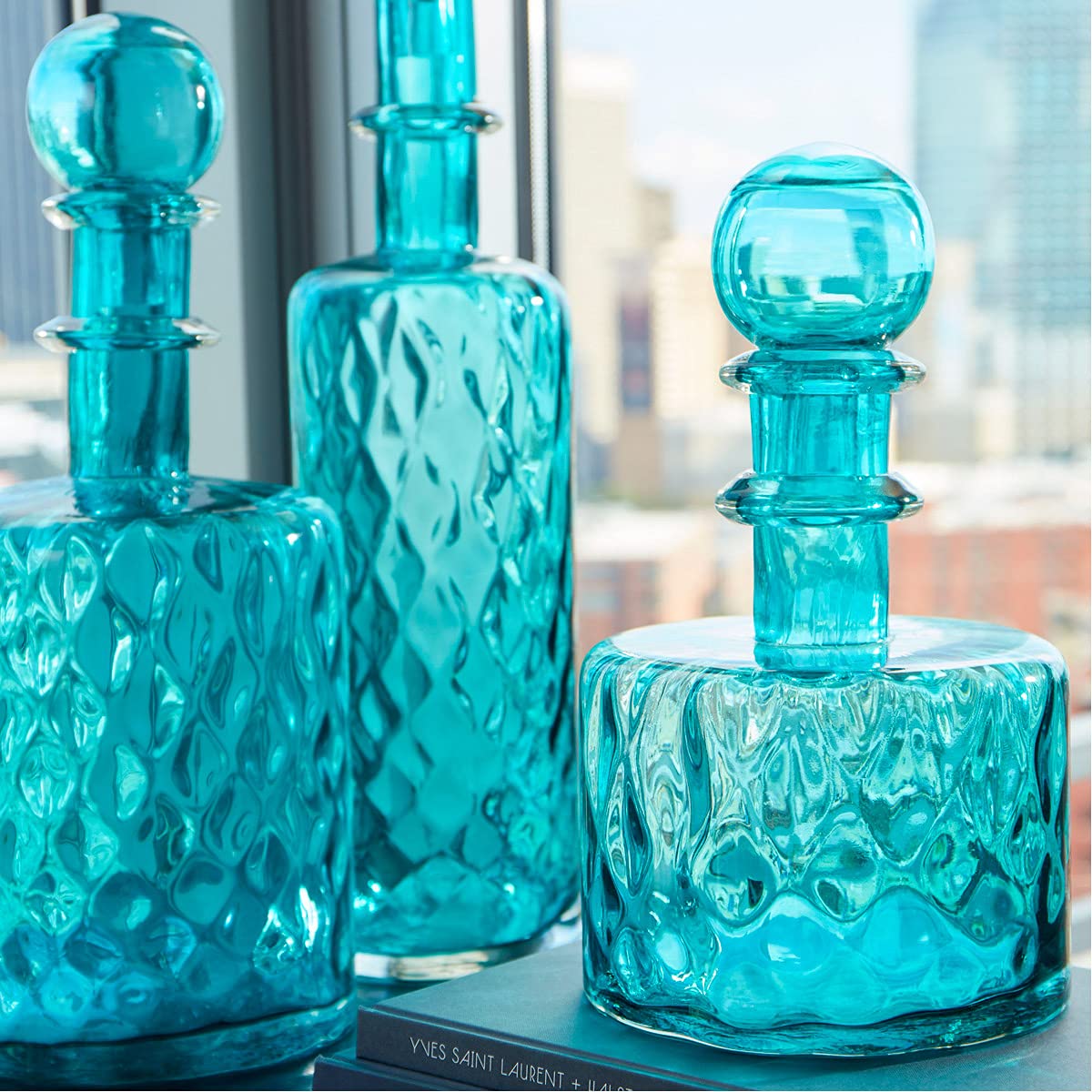 Elegant Cyan Design Decadent Decanter Set #2 - Glass Wine Decanter with Serving Tray for Home Bar, Dinner Parties & Gift Giving