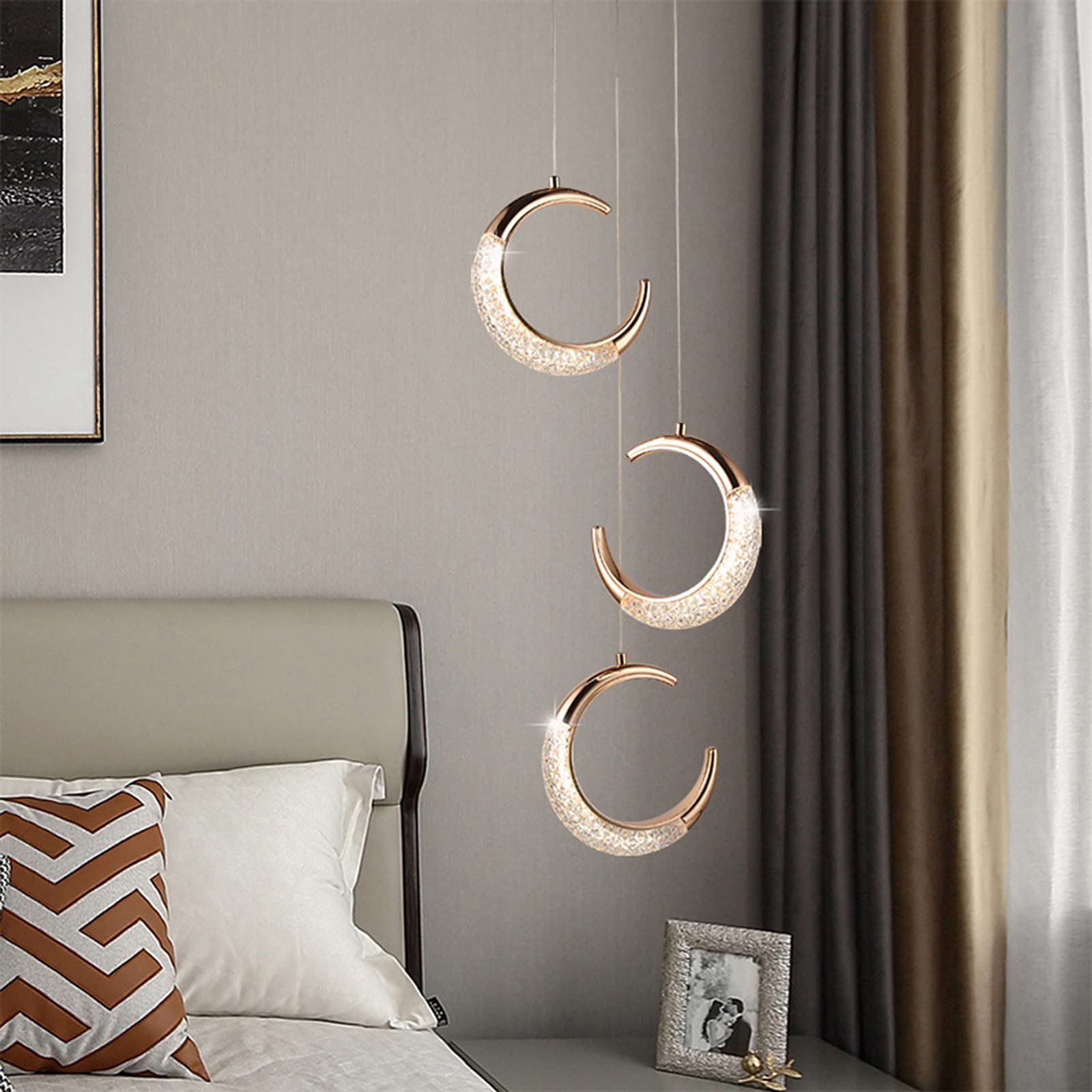 Modern LED Pendant Light Fixture with Crystal Acrylic Diffuser - Rose Gold Ceiling Hanging Lamp for Bedroom, Kitchen & Dining Room - 3-Light Crescent Chandelier - Perfect for Modern Home Decor, Apartment Lighting and Restaurant Ambiance