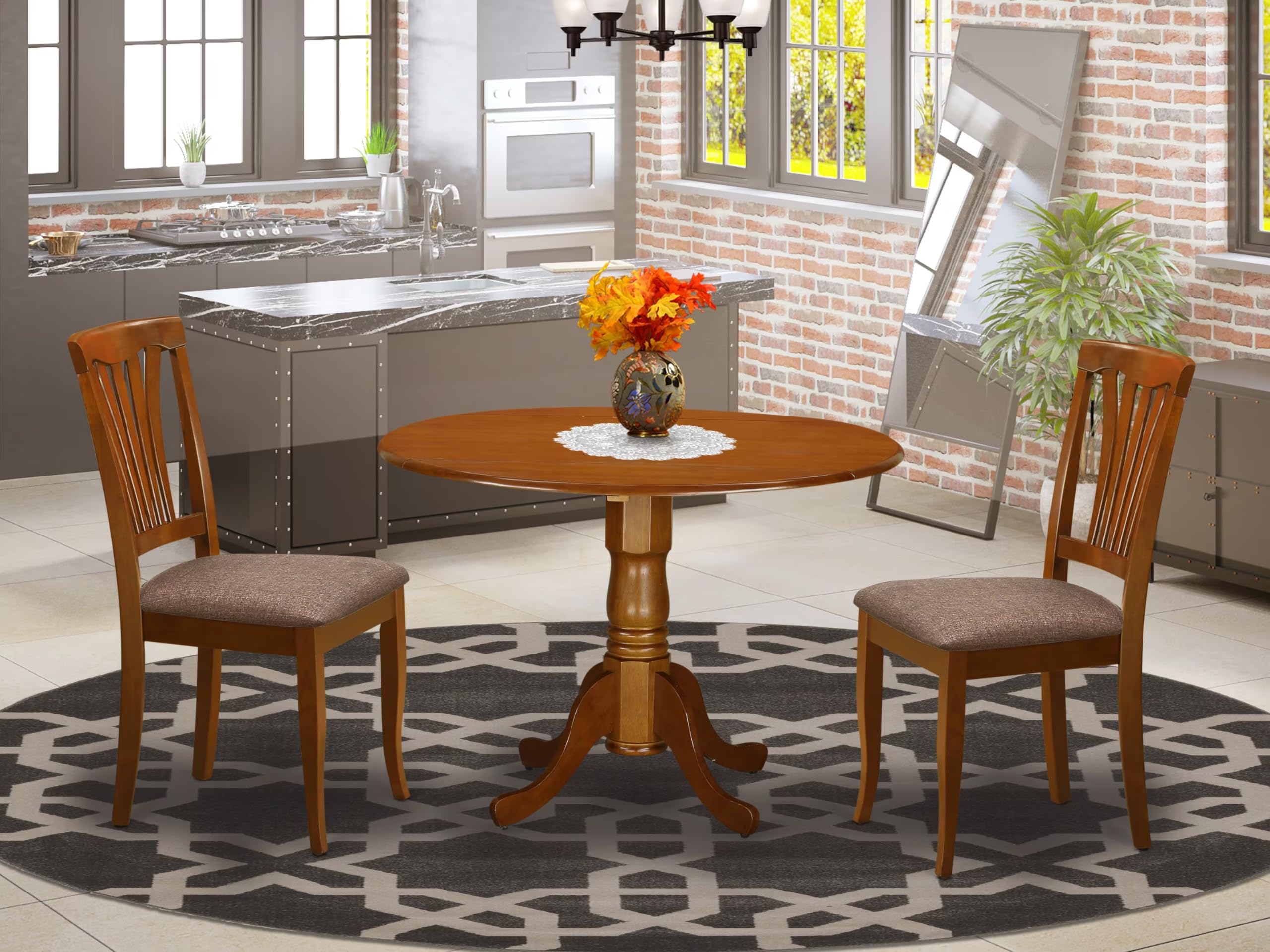 East West Furniture 3-Piece Round Dining Table Set with Drop Leaf & 2 Upholstered Chairs, 42x42 Inch, Saddle Brown - Perfect for Small Spaces, Breakfast Nooks & Cozy Apartment Dining