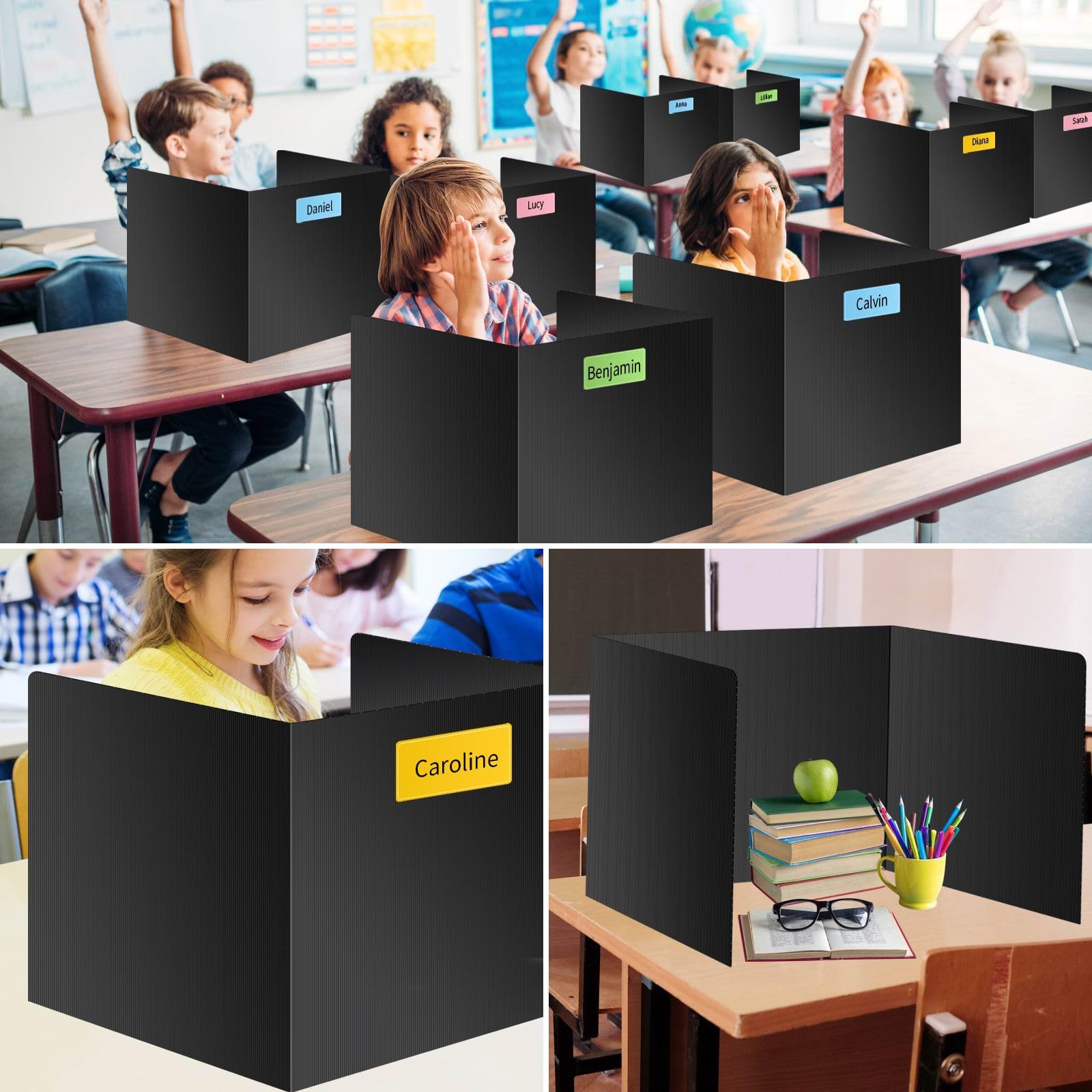 24-Pack Black Waterproof Plastic Desk Dividers for Students - Durable Study Carrel Privacy Shields, Easy Clean Classroom Partition Boards for School, Office & Home Learning Spaces