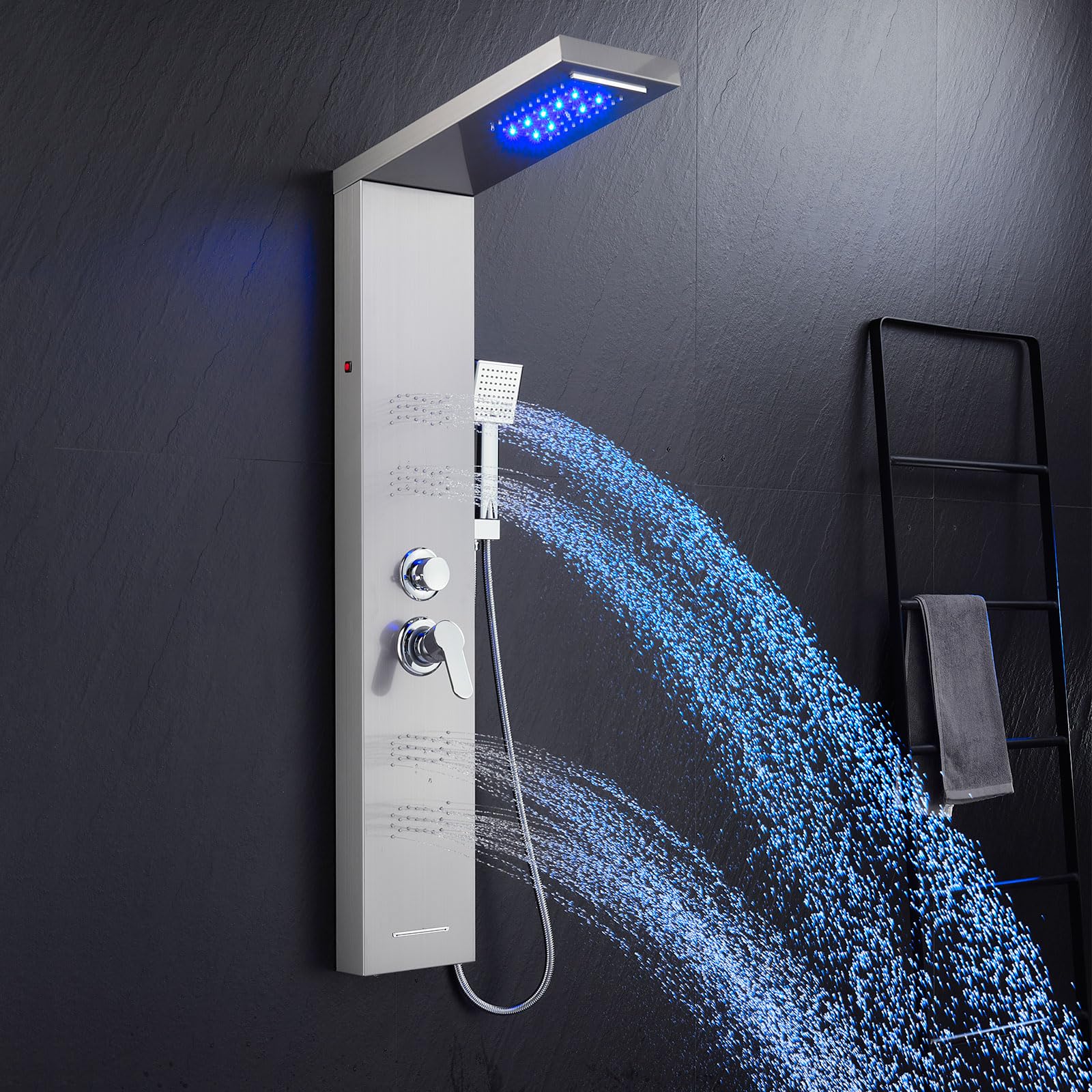 5-in-1 Stainless Steel Shower Panel Tower System with LED Lights - Rainfall Shower Head, Waterfall, Body Spray, Handheld Shower & Tub Spout (Brushed Nickel) | Perfect for Modern Bathroom Renovation & Spa-Like Shower Experience
