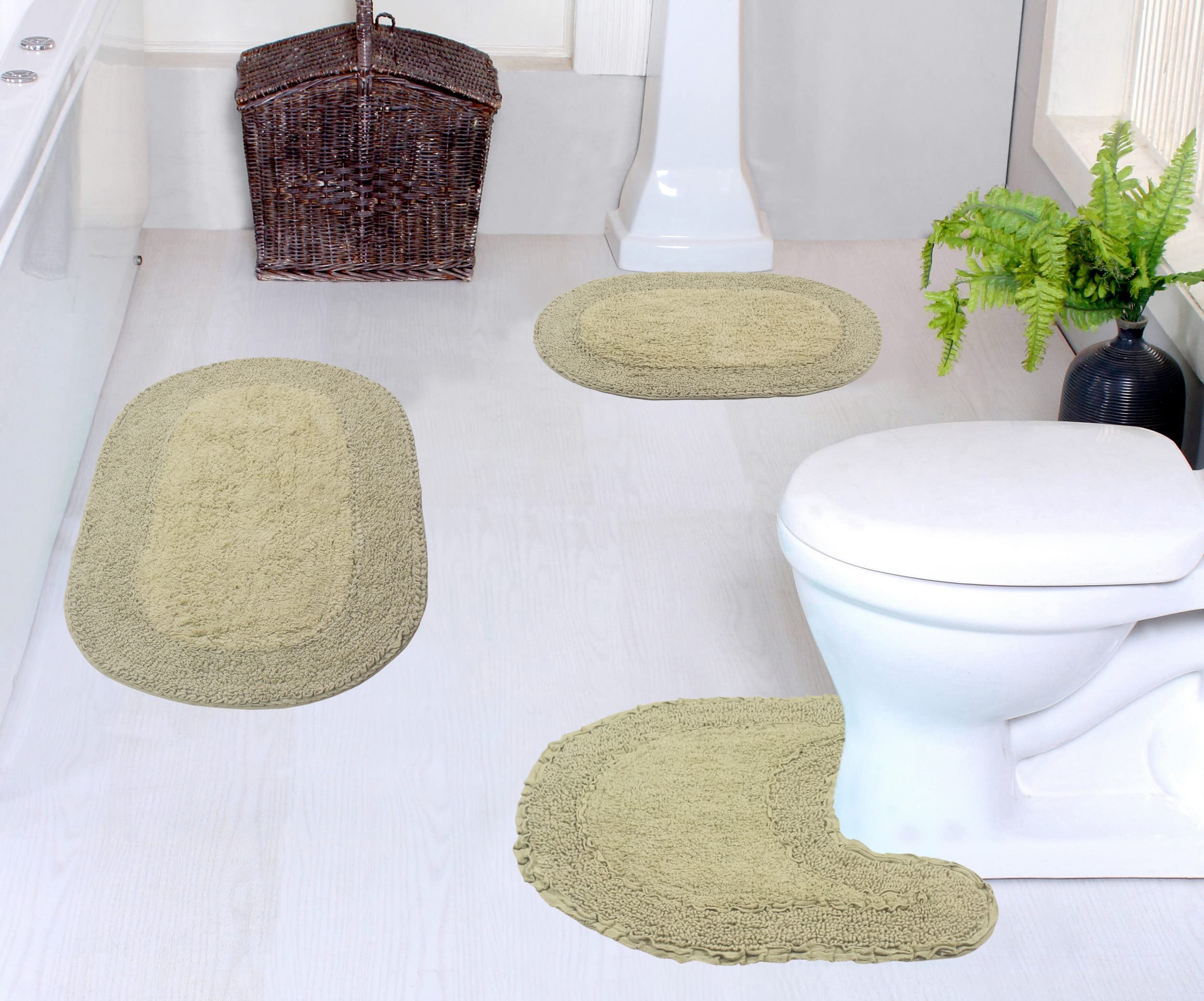 Premium 100% Cotton Bathroom Rugs Set - Home Weavers Double Ruffle Collection | Ultra Soft, Absorbent & Washable Non-Slip Bath Mats | 3-Piece Contour Set in Sage Green | Perfect for Bathroom, Kitchen & High-Traffic Areas