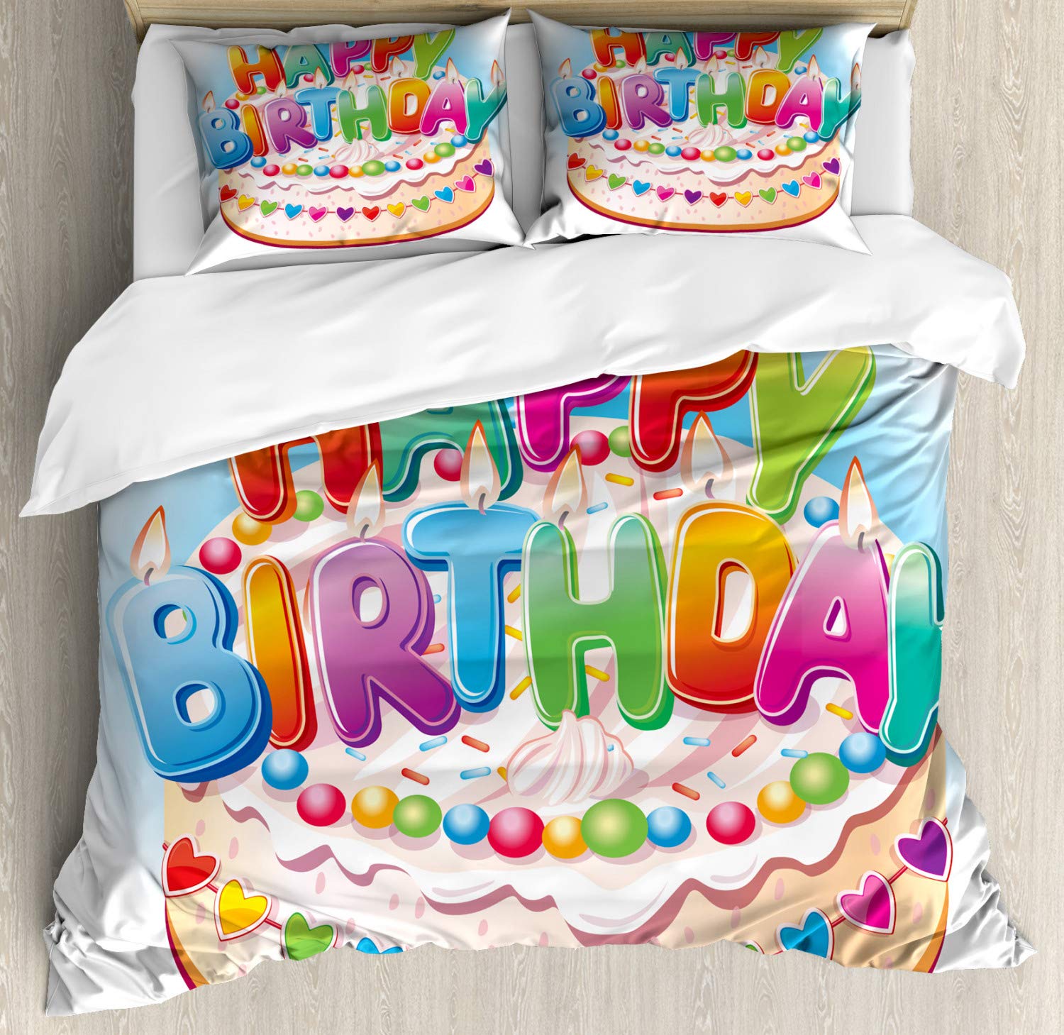Ambesonne Cartoon Happy Birthday Party Duvet Cover Set - California King 3-Piece Bedding with 2 Pillow Shams, Vibrant Cake Candles Hearts Design for Kids & Adults Birthday Decorations - Perfect for Birthday Parties, Bedroom Decor & Gift Giving