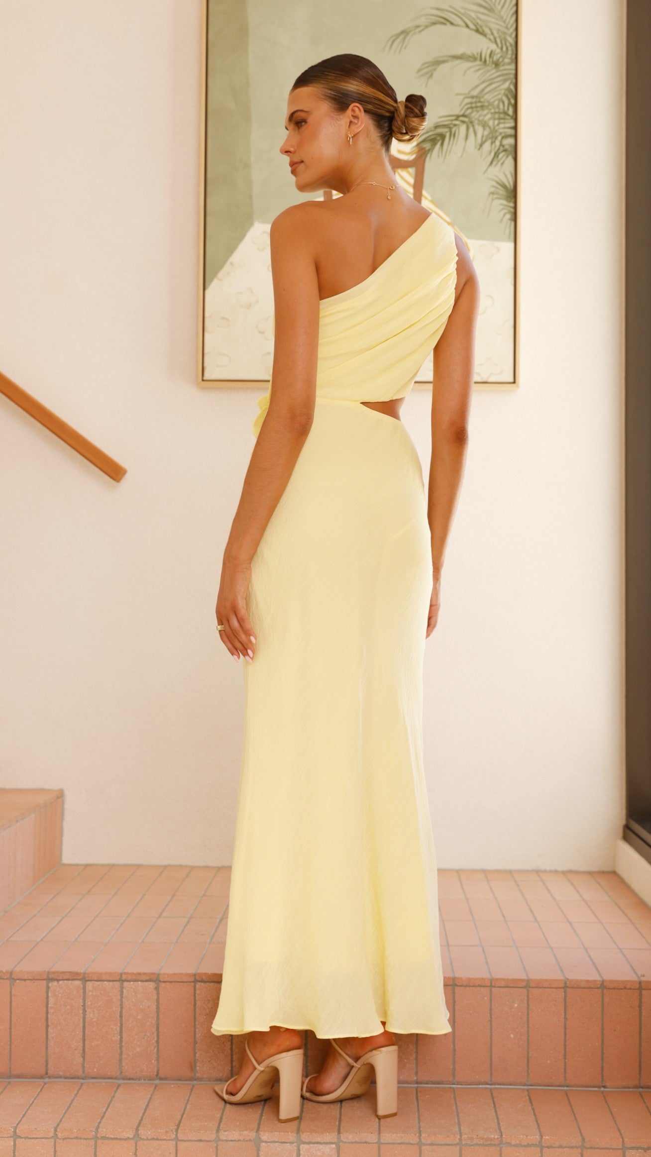 Elegant Bloom One Shoulder Cut Out Maxi Dress in Yellow - Perfect for Beach Vacations, Summer Parties & Evening Events