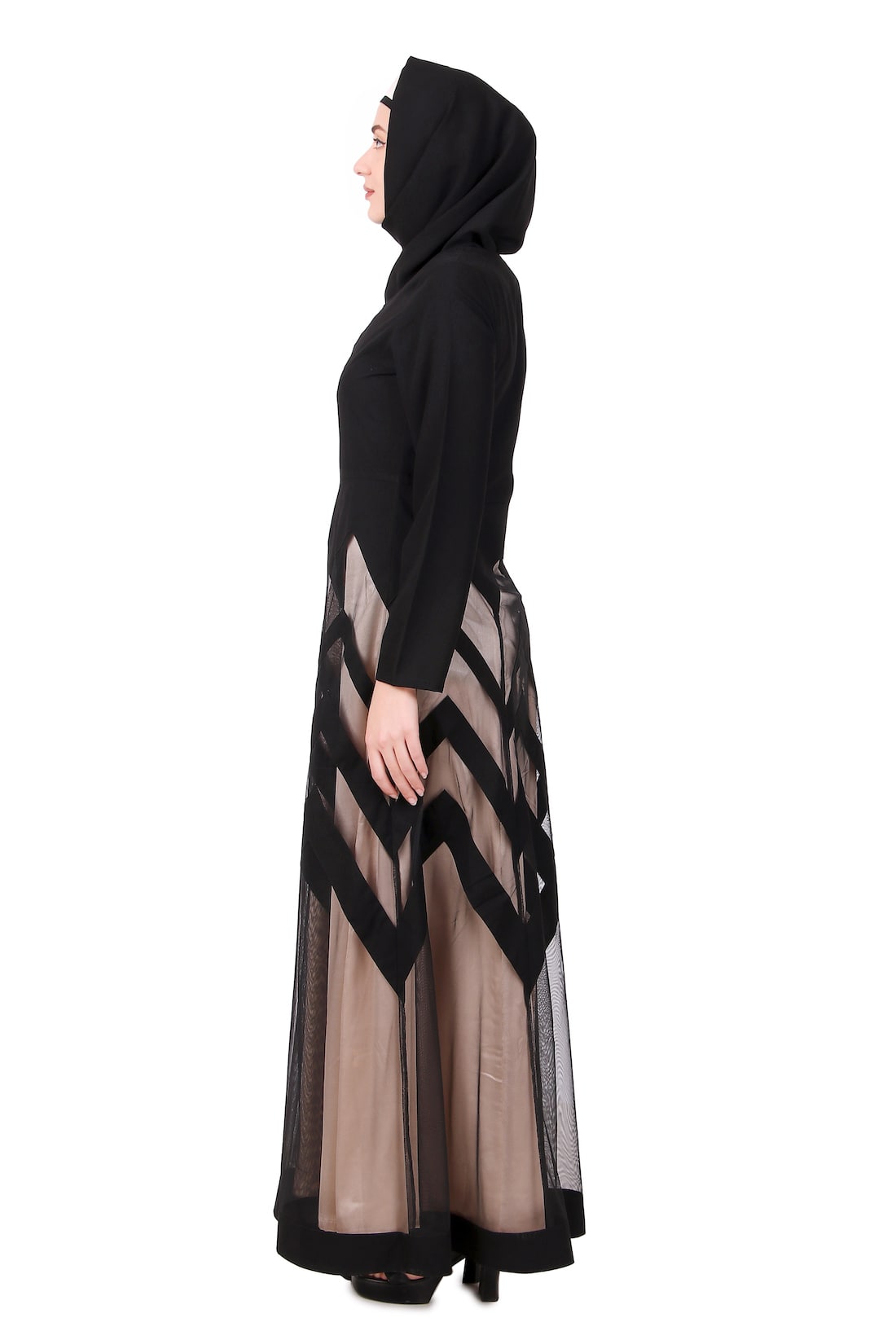 Elegant Designer Zig Zag Pattern Nida & Net Abaya - Modest Islamic Dress for Women - Perfect for Prayer, Eid, and Special Occasions
