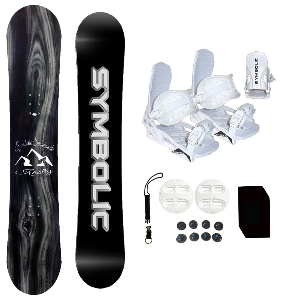 Symbolic Knotty 2025 Snowboard with White Bindings & Leash - Complete Stomp Pad Package (Sizes 140-167cm) | Perfect for Freestyle, All-Mountain & Powder Riding