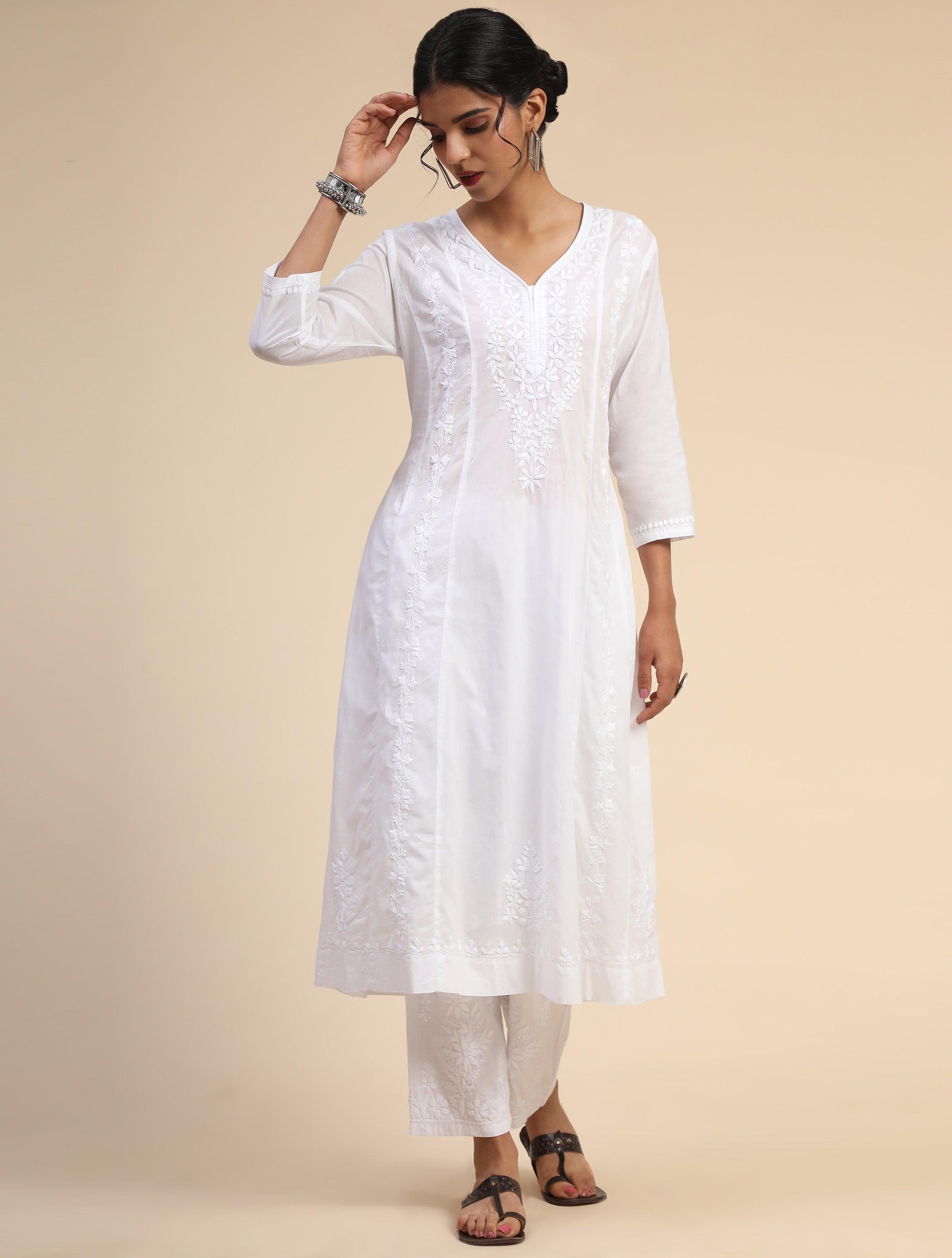 Elegant Noor House of Kari Hand Embroidered Chikankari Long Kurta in White | Traditional Indian Tunic for Women | Perfect for Festivals, Weddings & Cultural Events