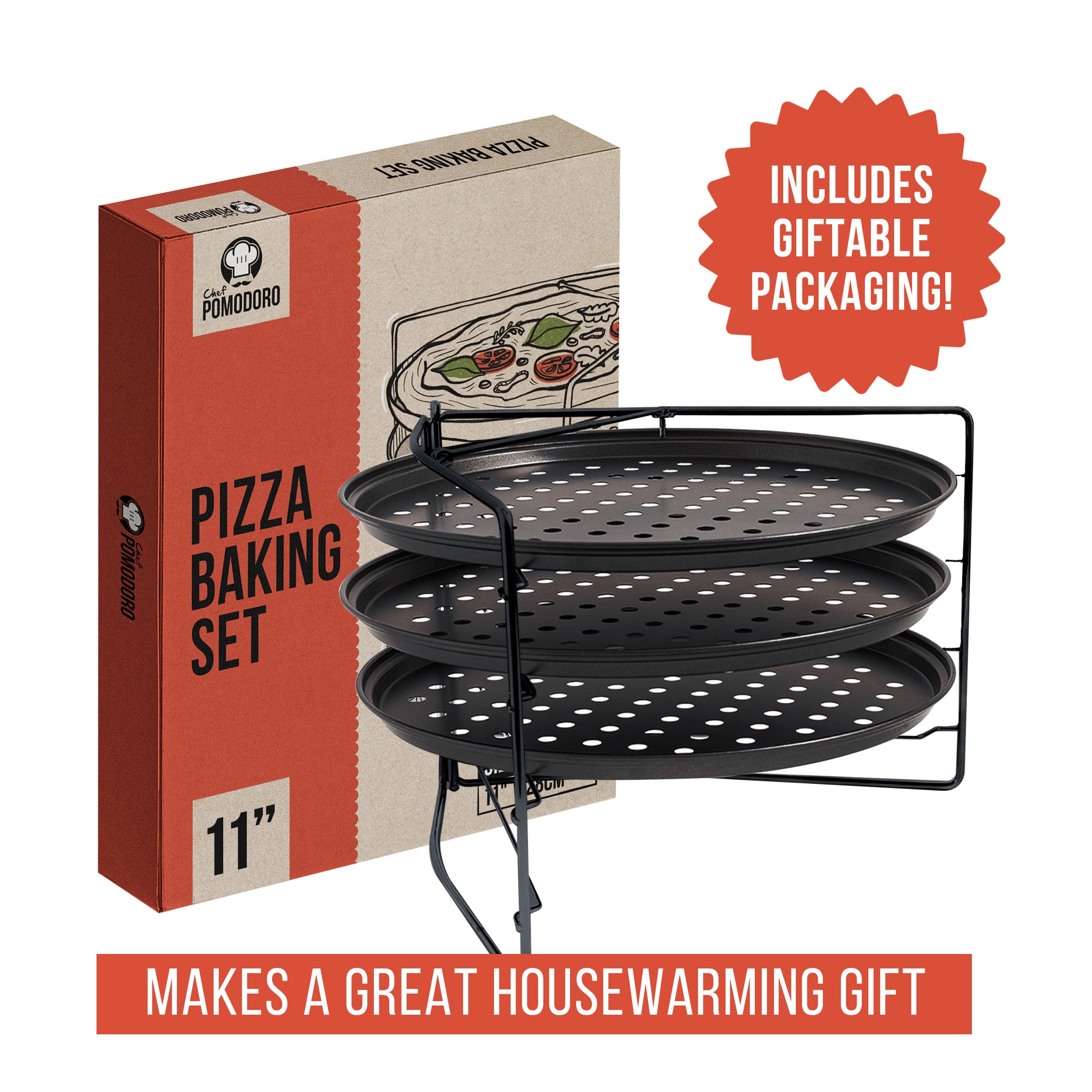 Chef Pomodoro 3-Piece Pizza Baking Set - 11-Inch Non-Stick Perforated Pizza Pans & Rack for Oven, Grill & BBQ | Perfect for Home Baking, Restaurant Use & Outdoor Cooking