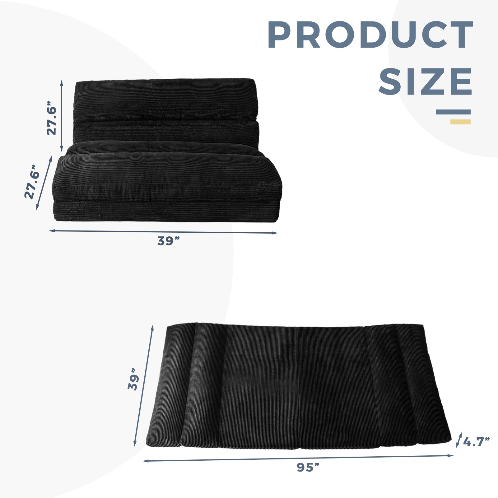 MAXYOYO Extra Wide Corduroy Bean Bag Folding Sofa Bed - Convertible Floor Mattress for Living Room, Bedroom & Guest Room (Black)