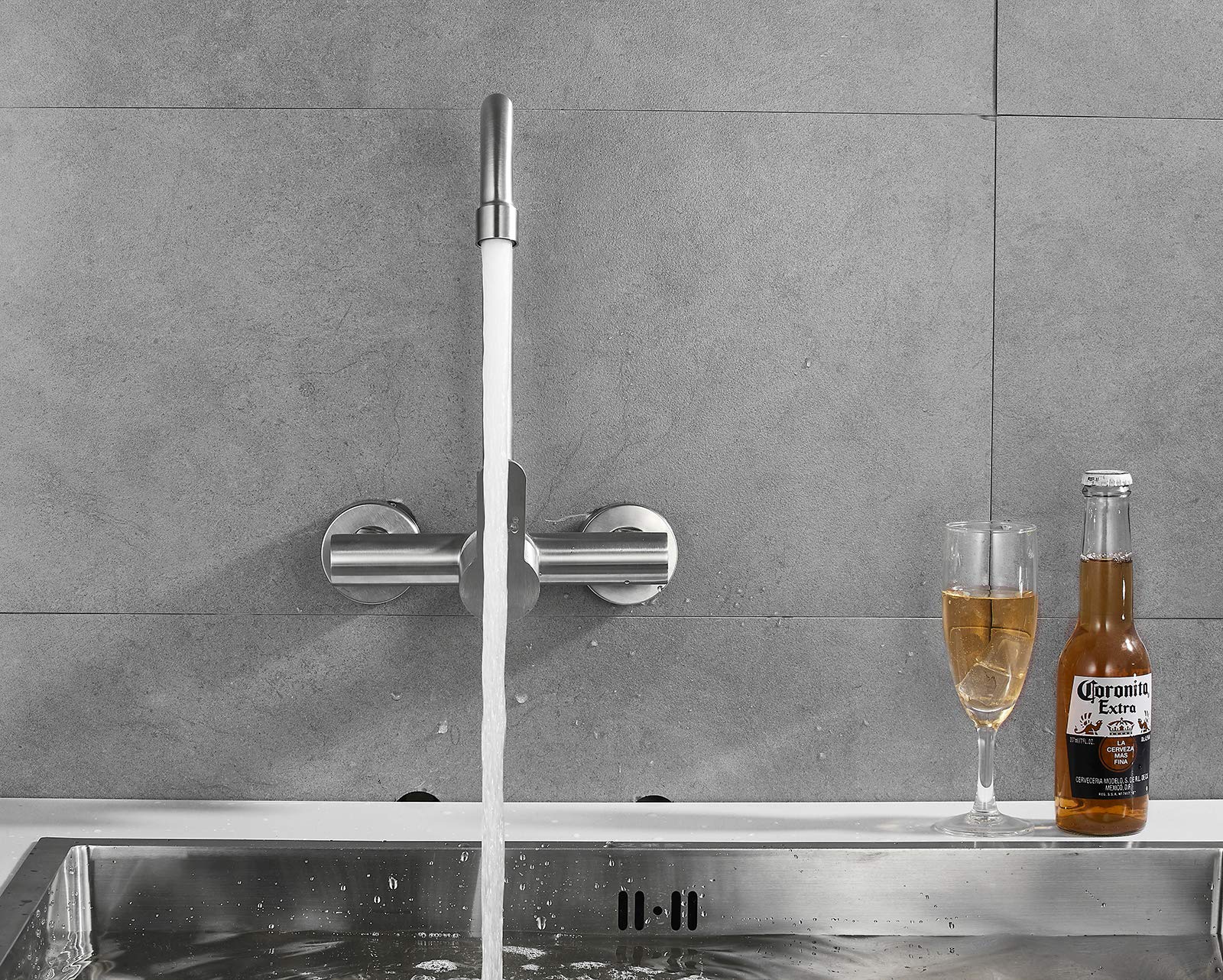 Brushed Nickel Wall Mount Kitchen Sink Faucet - 360° Swivel Single Handle Commercial Utility Faucet for Restaurant, Bar, Laundry & Home Use | Durable & Stylish Wall-Mounted Design