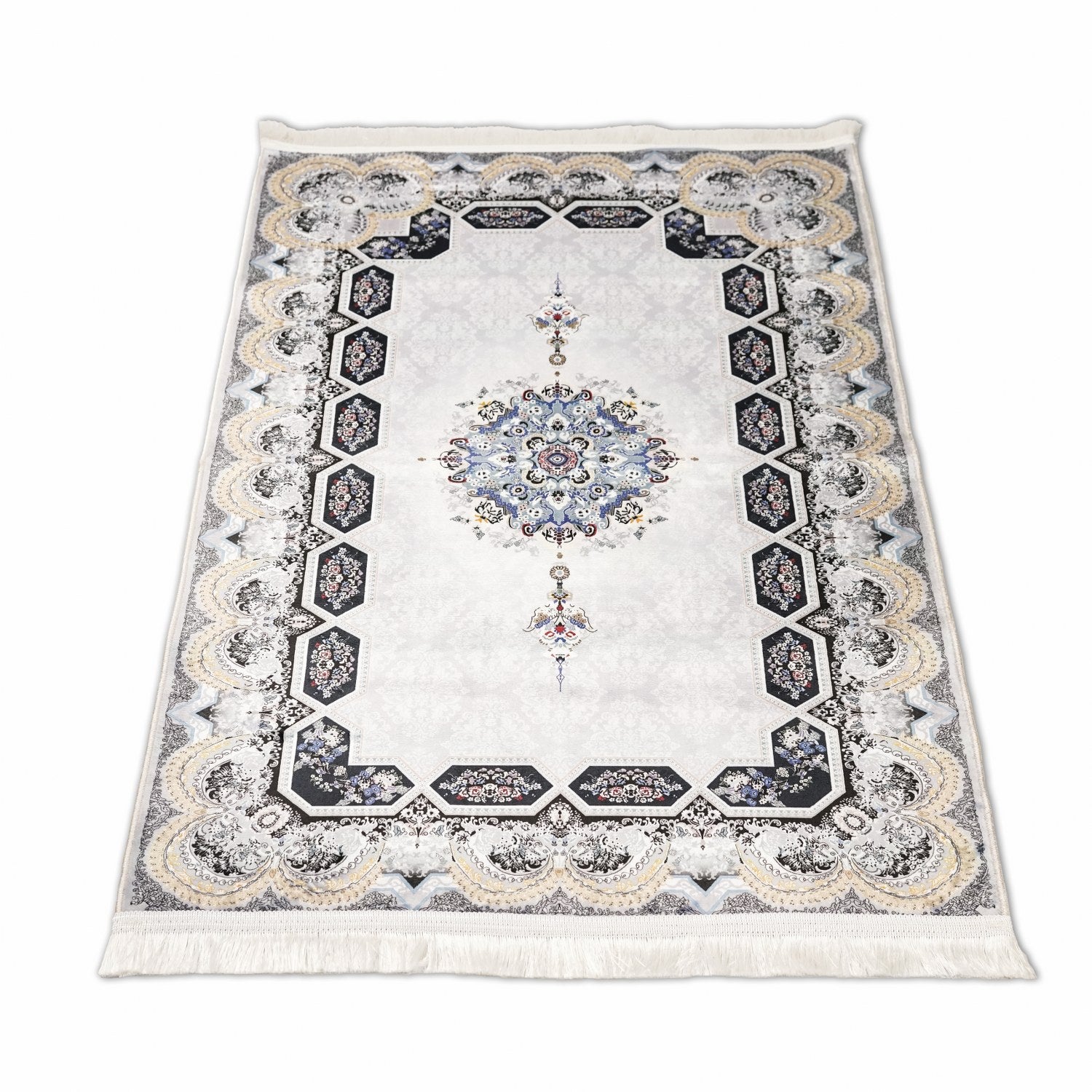Premium Muslim Prayer Mat with White & Gold Intricate Islamic Designs - Non-Slip Travel Prayer Rug for Home, Mosque & Outdoor Use