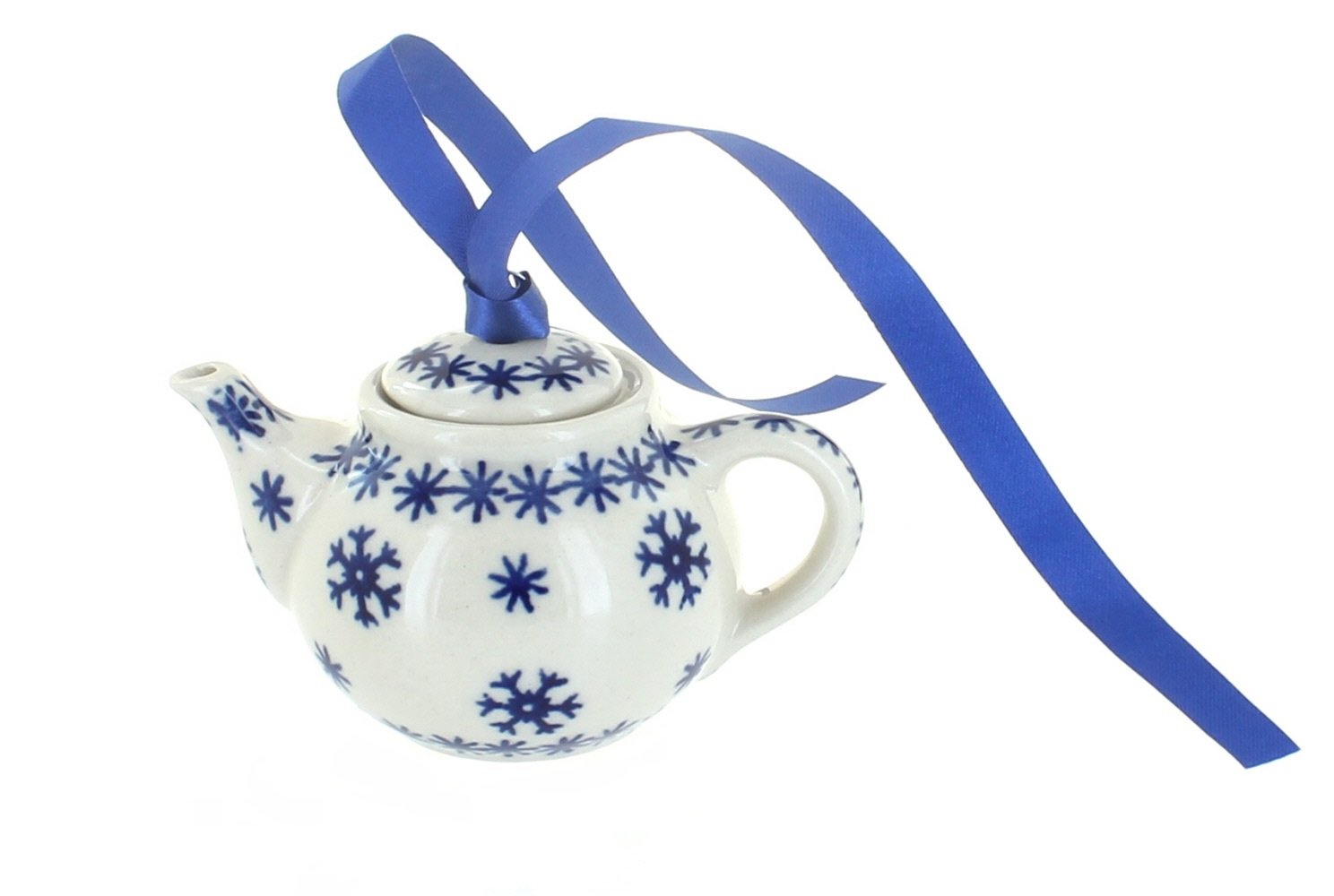 Handmade Blue Rose Polish Pottery Teapot - Snow Flurry Christmas Ornament for Tree Decor, Gift & Holiday Home Decoration