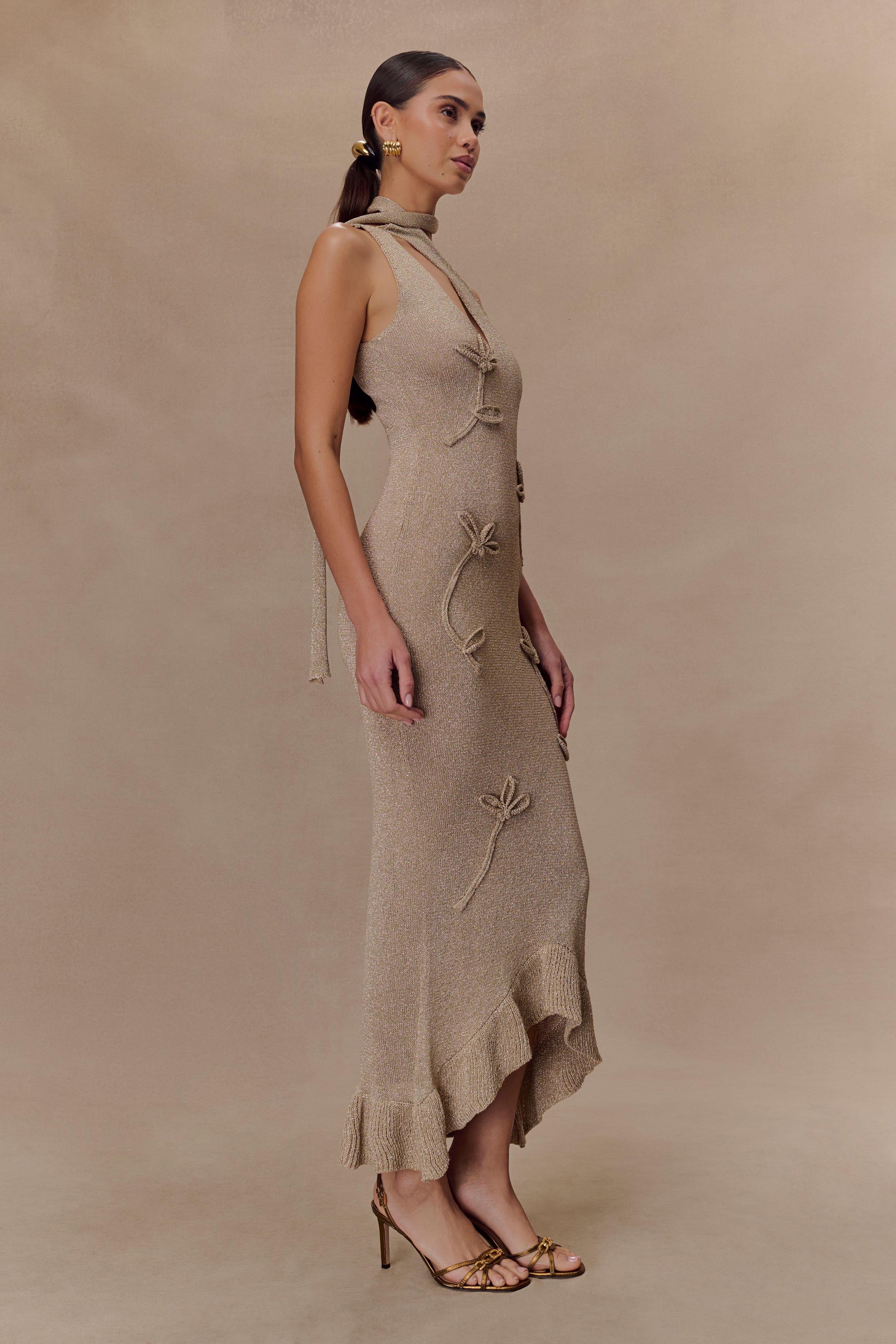 Celestino Floral Metallic Knit Maxi Dress in Gold - Elegant Evening Gown for Parties, Weddings & Special Occasions