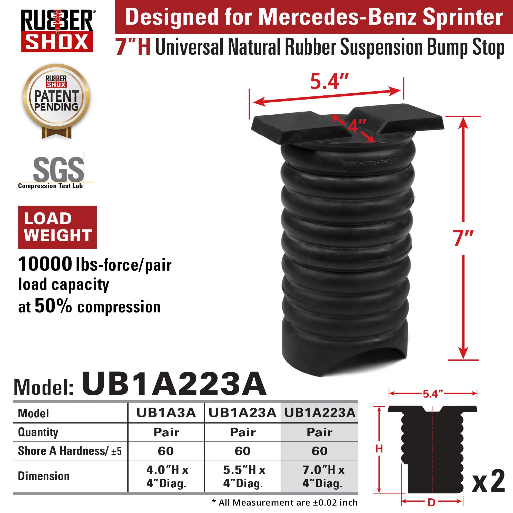 RubberShox Modular Natural Rubber Rear Bump Stop for Mercedes Benz Sprinter 2500/3500 | Heavy Duty Suspension Upgrade | 8000 lbs Load Capacity at 50% Compression (7