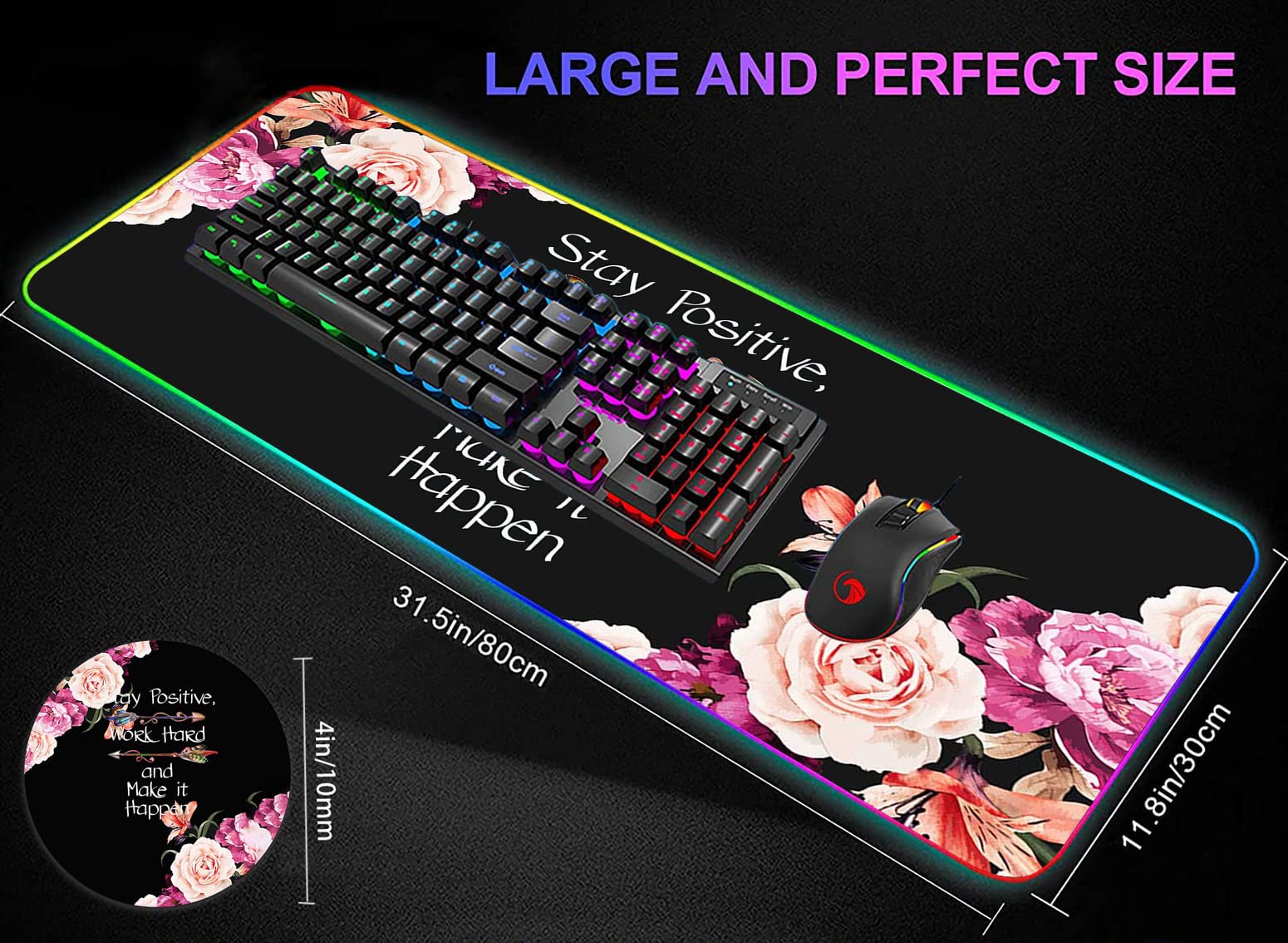 RGB Gaming Mouse Pad with LED Lights - Large Non-Slip Desk Mat for Keyboard & Mouse - Flower Peony Design 