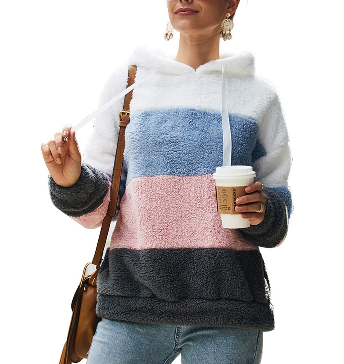 Women's Casual Fleece Sherpa Hoodie Sweatshirt - Long Sleeve Fuzzy Pullover with Drawstring, Block Color Coat for Outdoor Activities and Cozy Home Wear