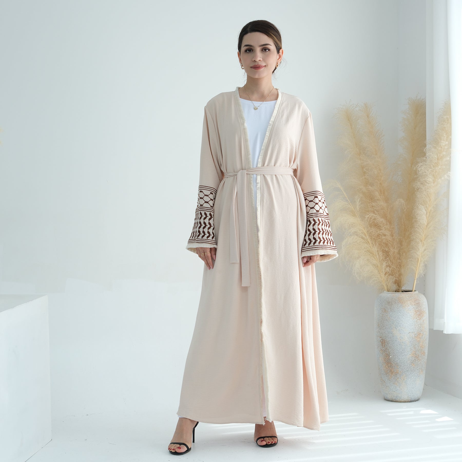 Elegant Kufiya Open Abaya Set in Sand Color - Modest Muslim Prayer Dress for Women - Perfect for Eid, Ramadan & Special Occasions