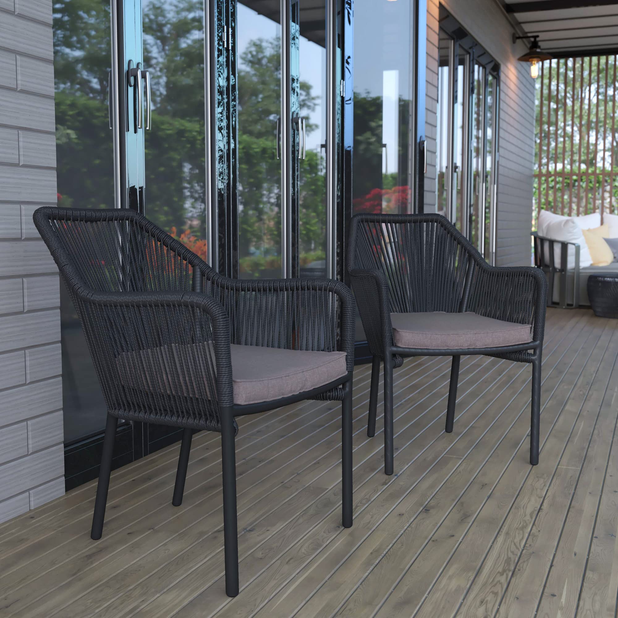Flash Furniture Kallie Set of 2 Stacking Club Chairs - Indoor/Outdoor UV Resistant Woven Black Seats - Gray Zippered Cushions - Black Aluminum Frame - Perfect for Patio, Poolside & Garden Relaxation