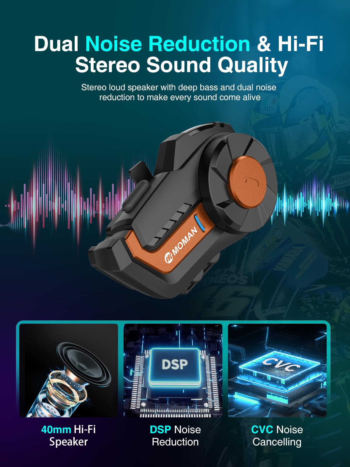 Moman H2Pro Wireless Motorcycle Helmet Headset - Bluetooth Intercom, Voice Assistant, Music Sharing, FM Radio, IP65 Waterproof, DSP & CVC Noise Cancellation (1 Pack, Orange) - Perfect for Group Riding, Solo Adventures & Long-Distance Motorcycle Trips