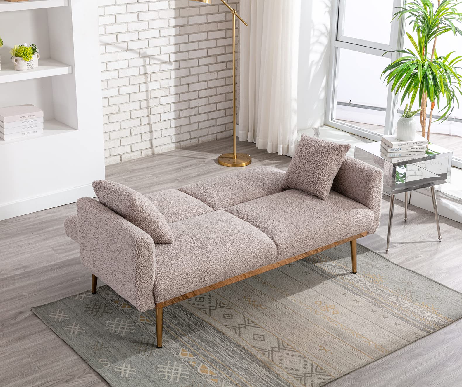 Antetek 3-Position Adjustable Futon Sofa Bed - Modern Upholstered Convertible Loveseat with 5 Metal Tapered Legs & 2 Decorative Pillows, Grey Teddy Fabric - Perfect for Small Spaces, Guest Rooms & Studio Apartments